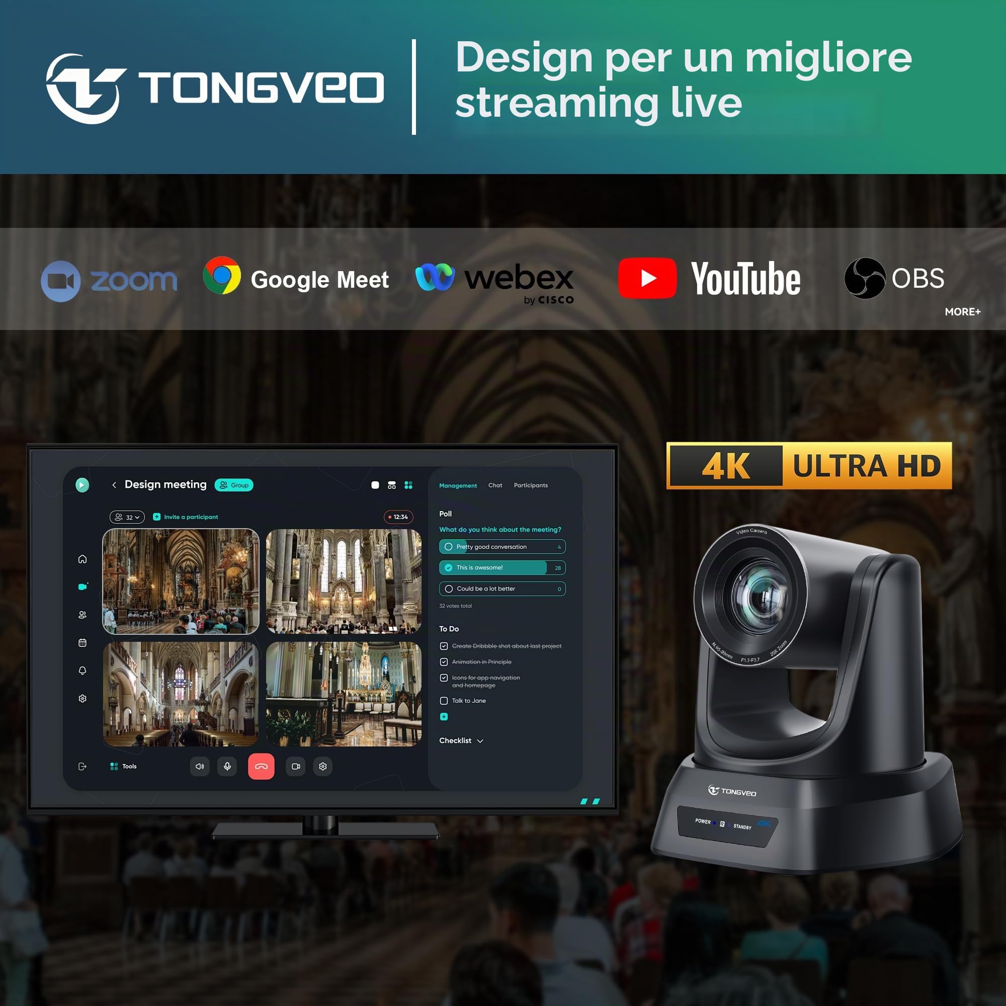 TONGVEO Telecamera PTZ 4K AI con auto-tracking e zoom ottico 20x, videocamera per conferenze con HDMI/USB3.0/LAN/PoE, ideale per servizi di benessere, riunioni zoom, live streaming ed istruzione