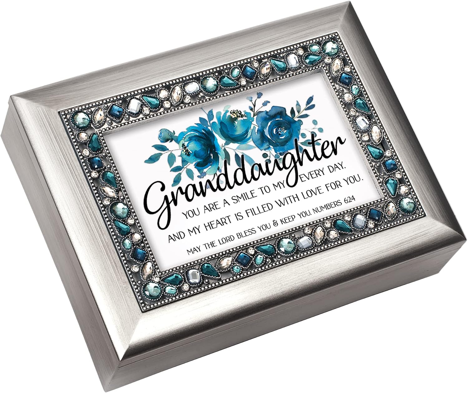 Cottage Garden Granddaughter Smile Brushed Silvertone Jeweled Music Box Plays Amazing Grace