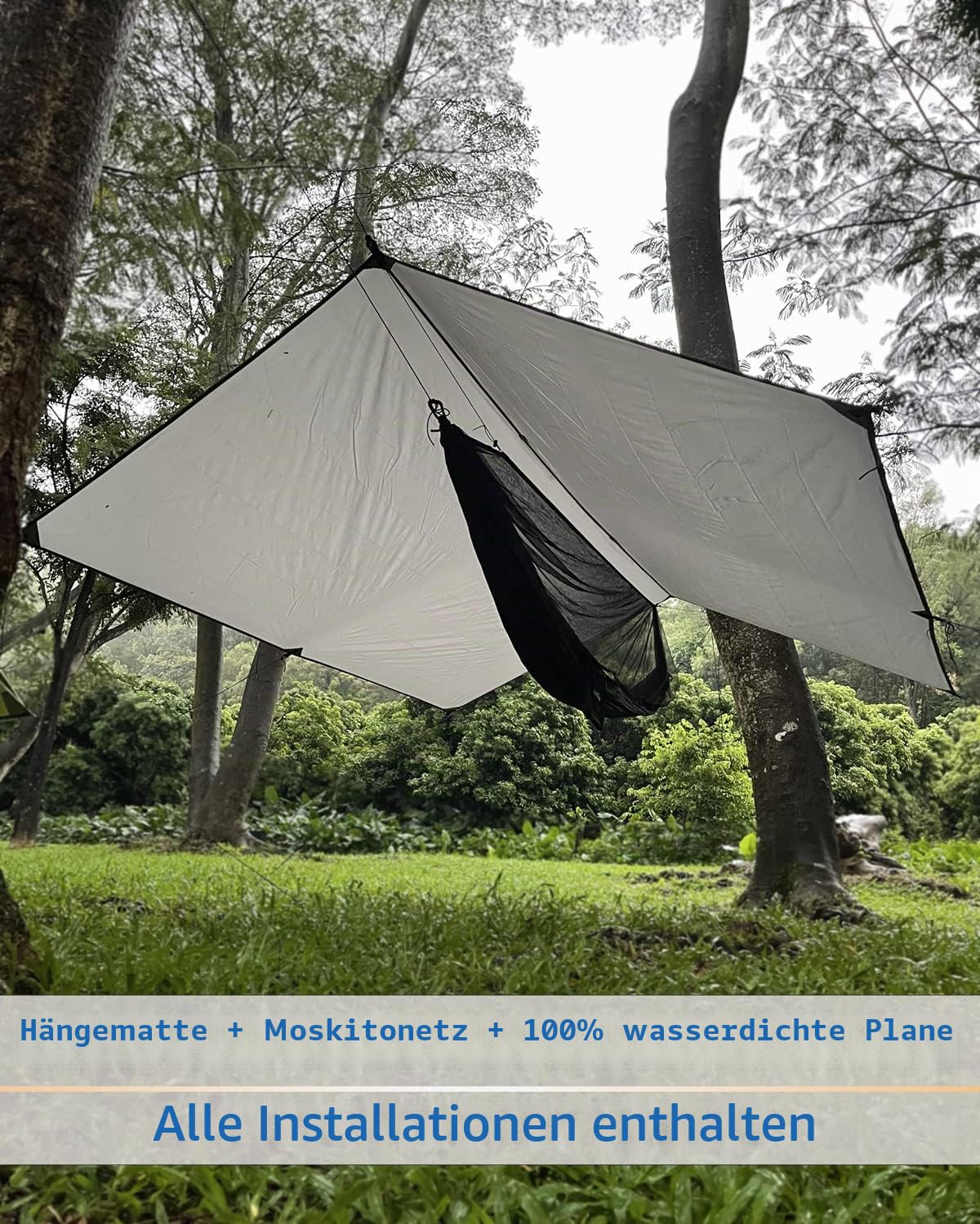 Sunyear Hängematte Camping mit Regenplane und Netz, tragbare Camping-Hängematte, Doppelbaum-Hängematte, Outdoor, Indoor, Rucksackreisen, Reisen und Überleben, 2 Baumgurte, 100 % wasserdicht, schwarzes