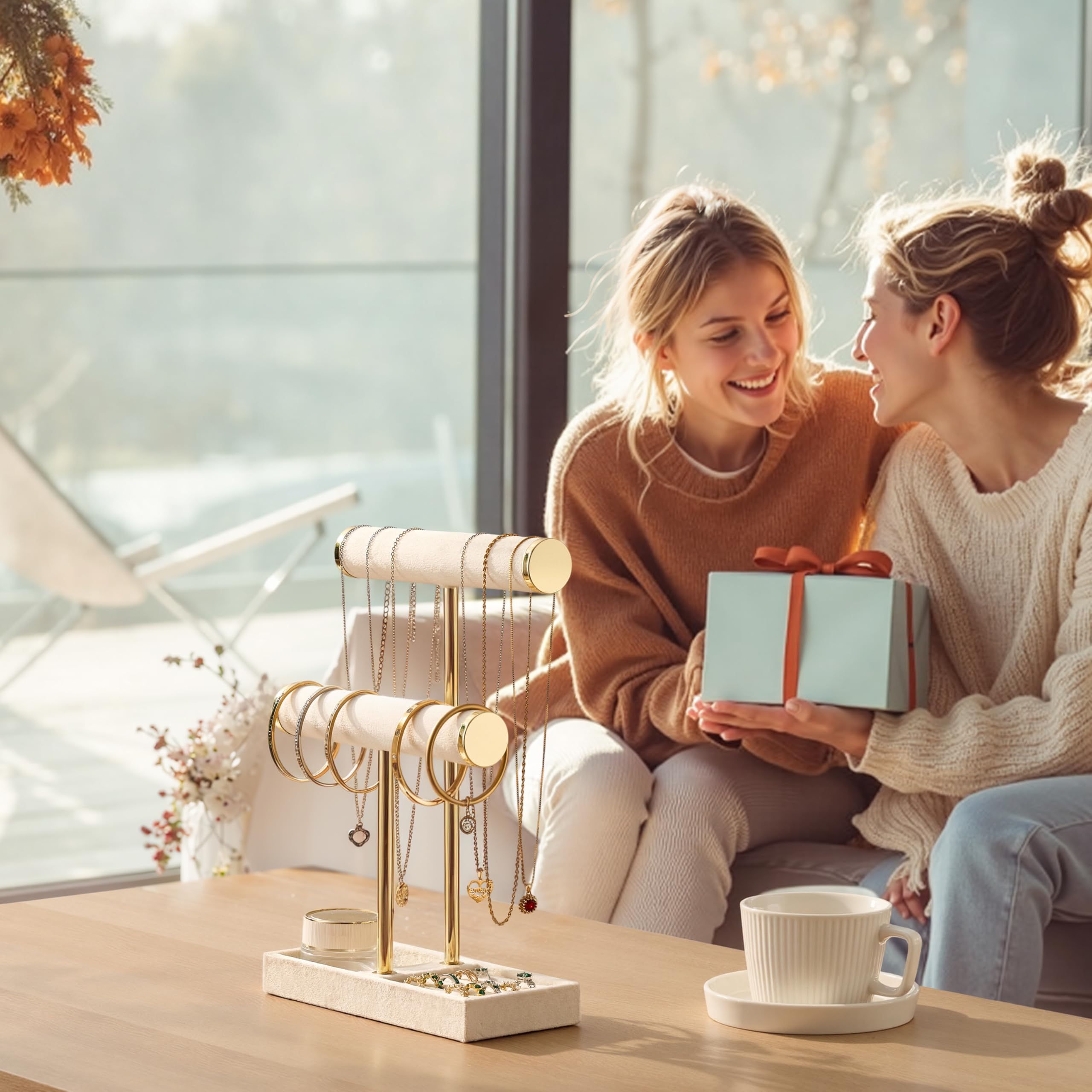 2 Tier Bracelet Holder Display - Detachable T Bar Beige Velvet Bracelet Holder, Jewelry Holder Organizer for Bracelet, Necklace, Earrings, Rings