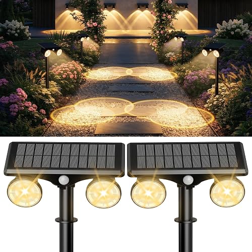 POOWUUDT Solar Spot Lights Outdoor Waterproof, Dual Head Adjustable Motion Sensor Landscape Lights 2 Pack Warm Light POOWUUDT Solar Spot Lights Outdoor Waterproof, Dual Head Adjustable Motion Sensor Landscape Lights 2 Pack Warm Light