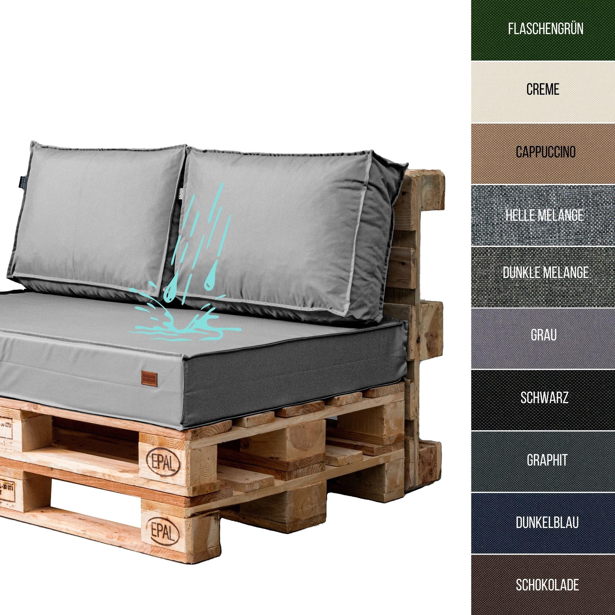 GoldenGroup Gartenset Kissen für Palettenmöbel Grau - Strapazierfähiges Gewebe - Palettenkissen Set Gefüllt mit Schaumgranulat und Schaumstoff - 120x65x15 Sitzkissen - (2X) 60x40x10 Rückenkissen