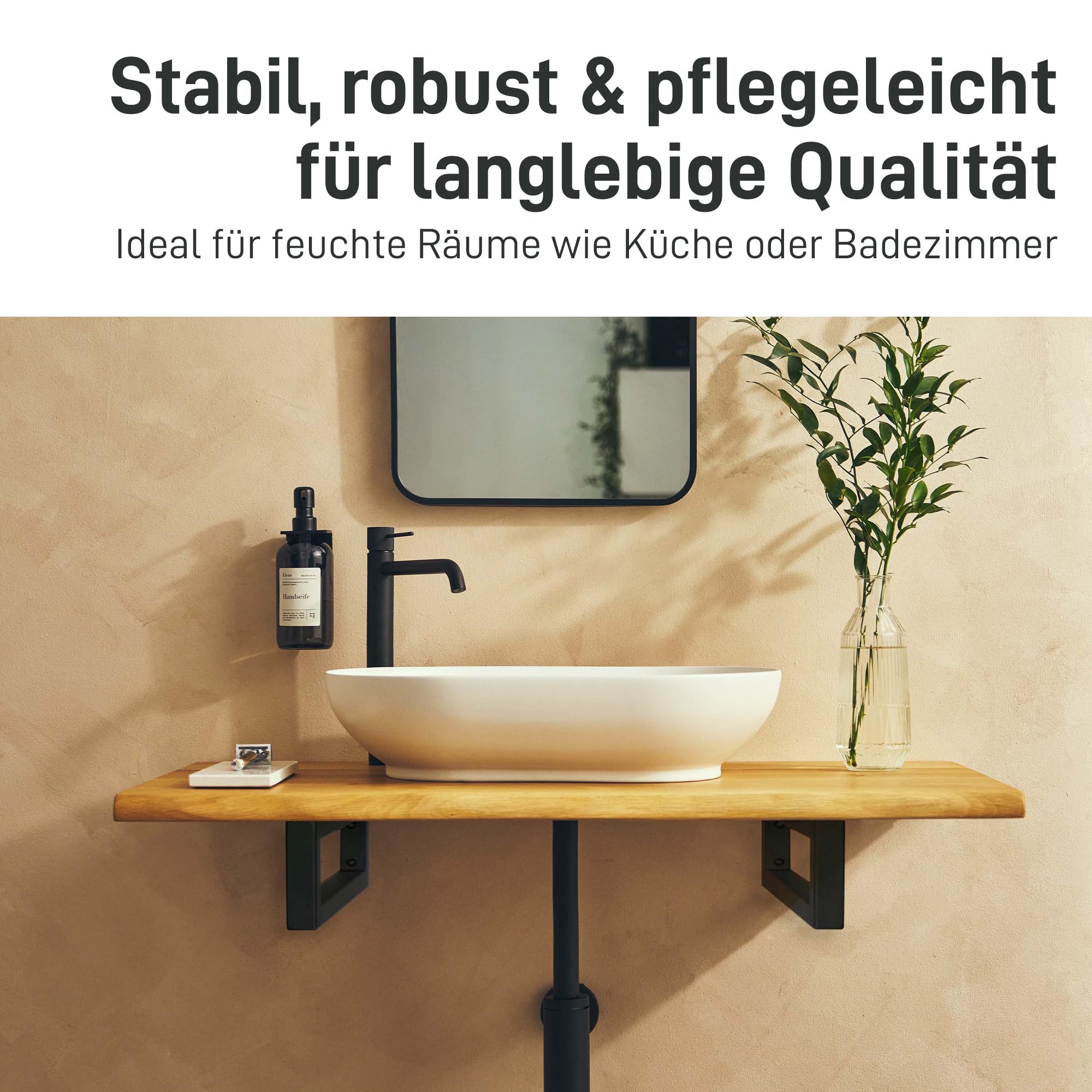 Natural Goods Berlin 2X Wand-Konsole RECHTECK | Waschtisch-Halterung stabil | Einfache Wand-Montage | Regal-Halter aus Edel-Stahl | Konsolen-Träger für Waschbecken & Wand-Regal | 300 mm