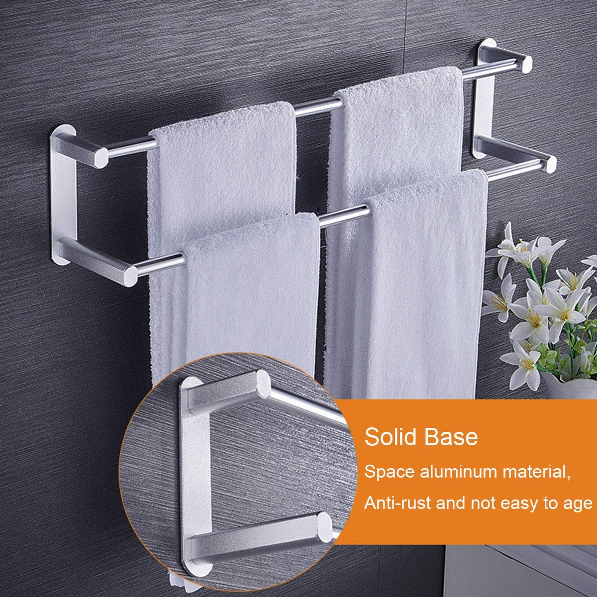 Handtuchhalter, 41 cm / 16,14 Zoll doppelschichtiger silberner Aluminium-Handtuchhalter, Selbstklebender Fester Handtuchhalter, an der Wand montierter Handtuchhalter in WC, Bad ode