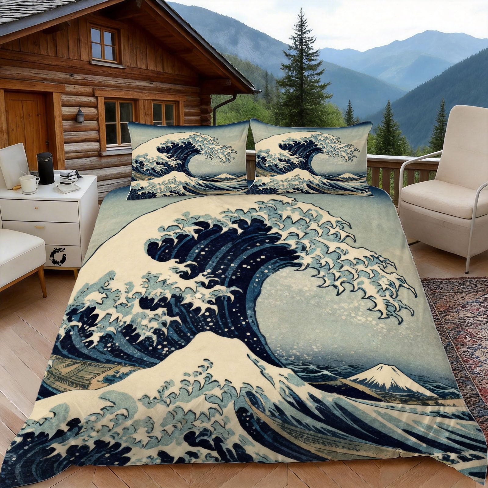 3D Double Duvet Set 3D Printed Cartoon Ocean Wave Bedding, Oriental Aesthetics Soft Microfibre Duvet Cover Sets Quilt Cover and Pillow Set with Zipper 3 Pcs