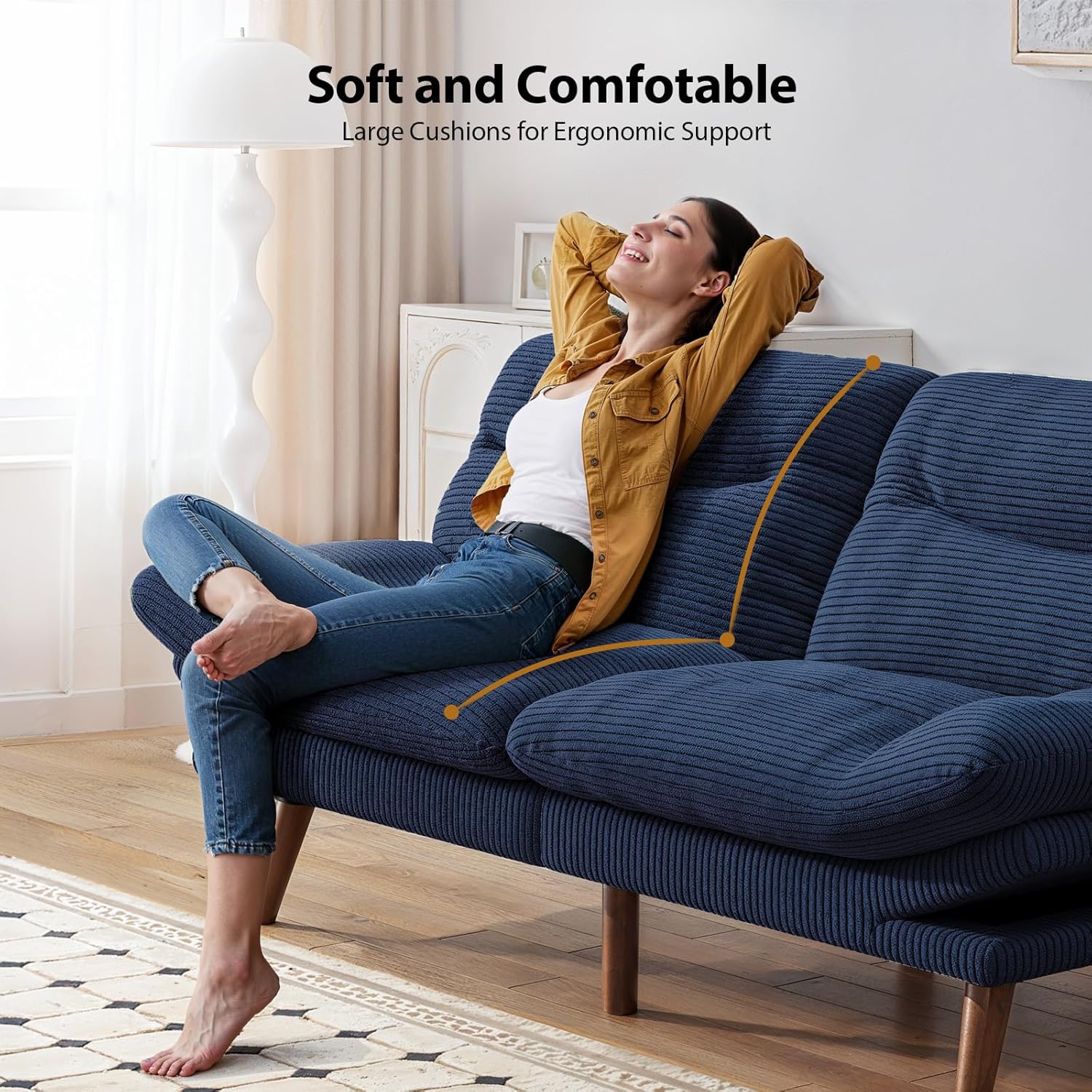Pipishell Futon Sofa Bed, Modern 66" Futon Couch Convertible to Bed & Lounger, Compact Size, Corduroy Loveseat, Durable Construction - Fits Small Spaces, Apartments,Study Room (Sky Blue, 66 Inch)