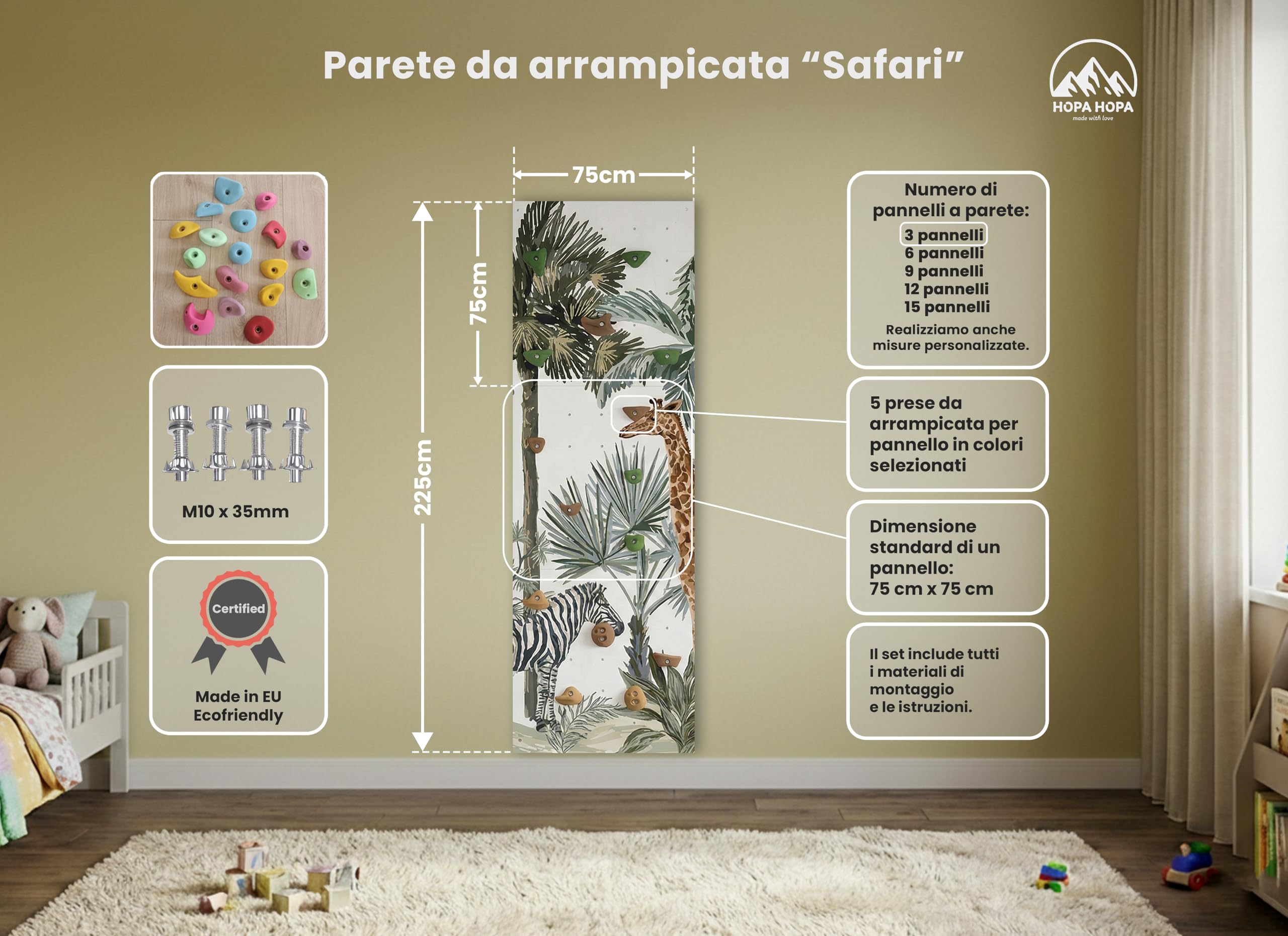 Parete da Arrampicata per Bambini - Gioco da Interno - con 15 Prese da Arrampicata, 3 Pannelli Murali in Compensato di Betulla - Dimensioni 225x75cm - Viaggi