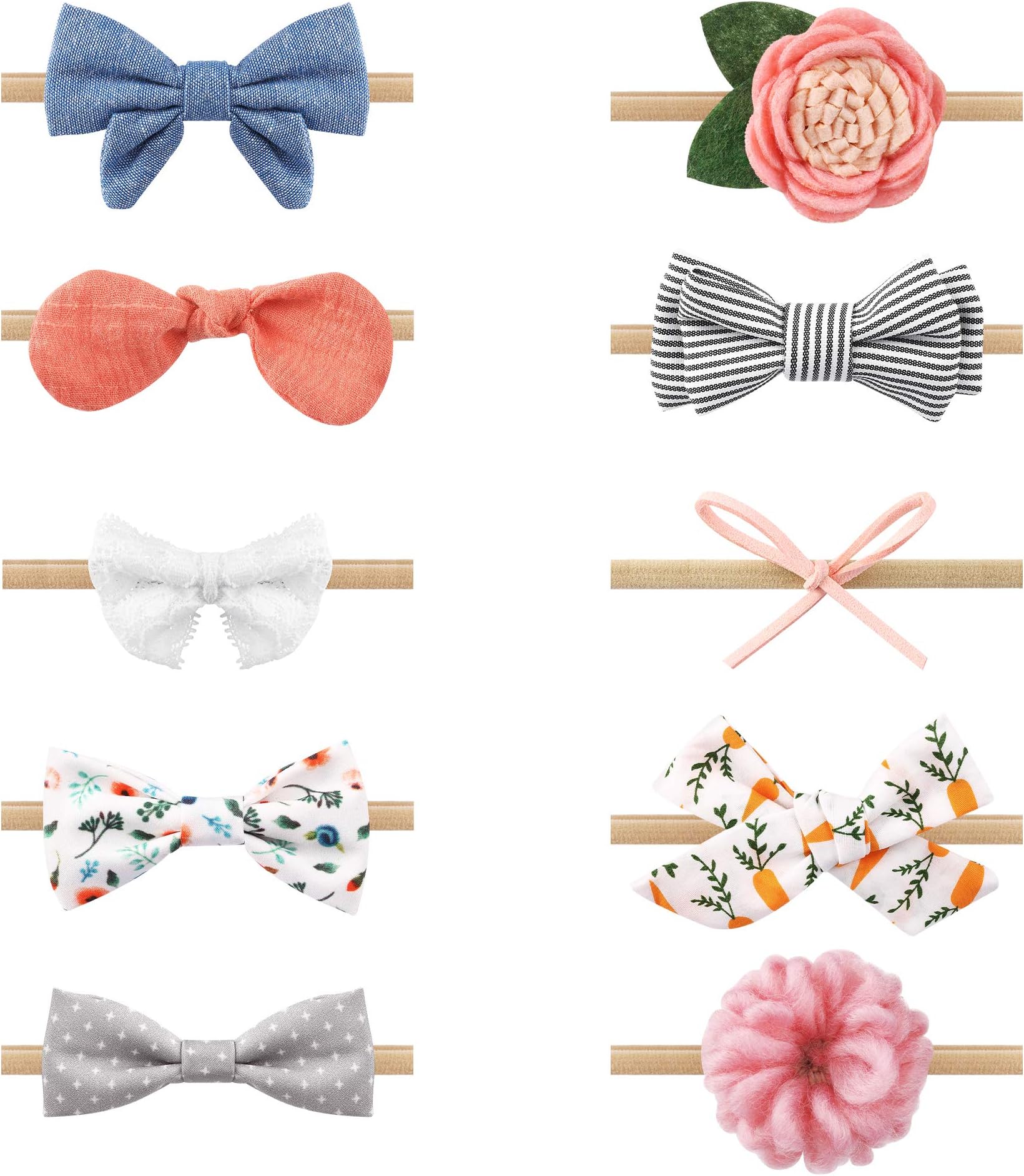 Baby Girl Headbands, Newborn Hairbands w/Bows, (Little Miss 10 PK)