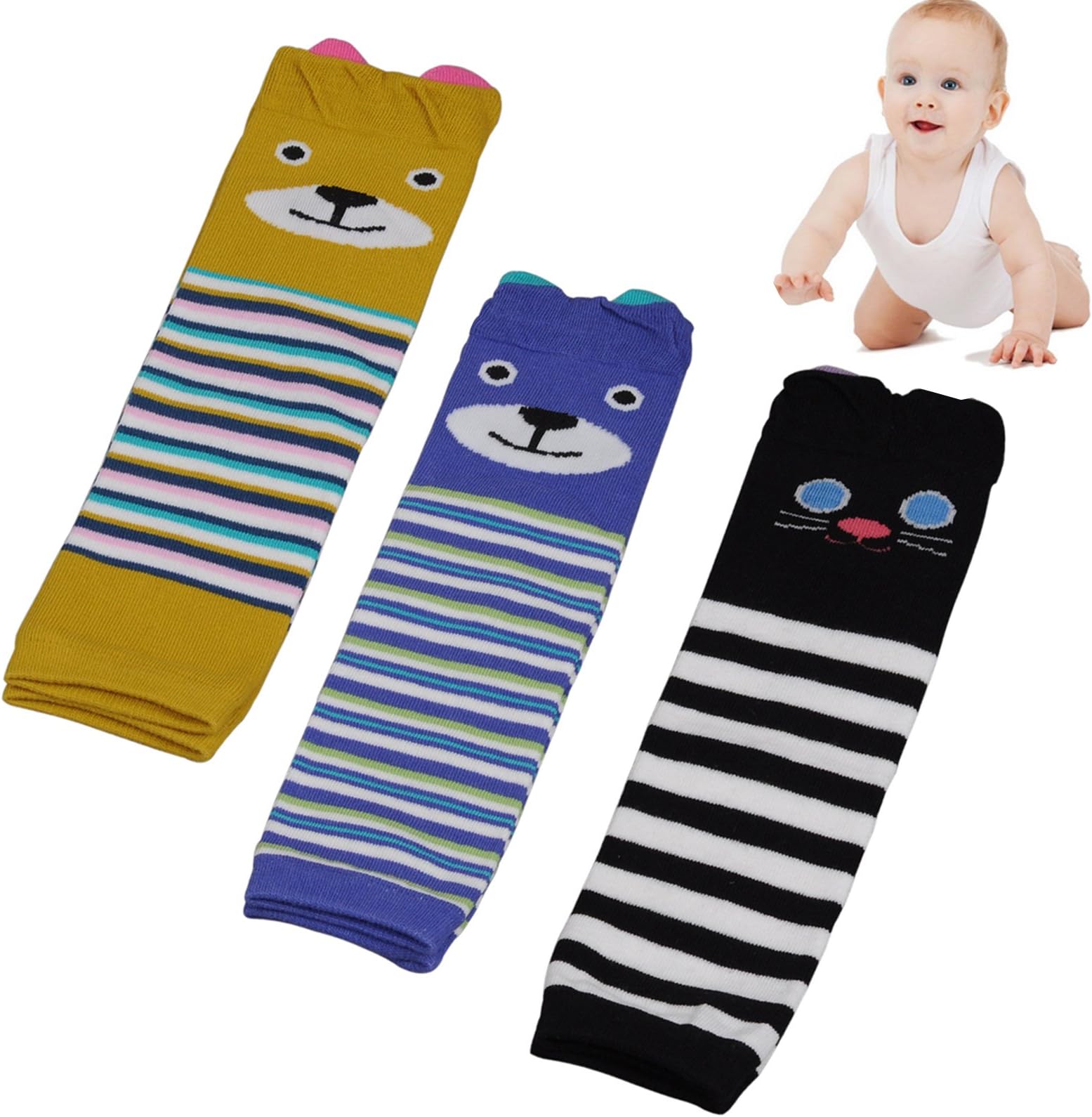 Baby Knee Pads for Crawling, 3 Pairs Breathable Unisex Toddler Cute Animal Leg Sleeve Warmers Thermal Infant Knee Pads Safety Protector Elbow Kneepads Baby Boots Socks