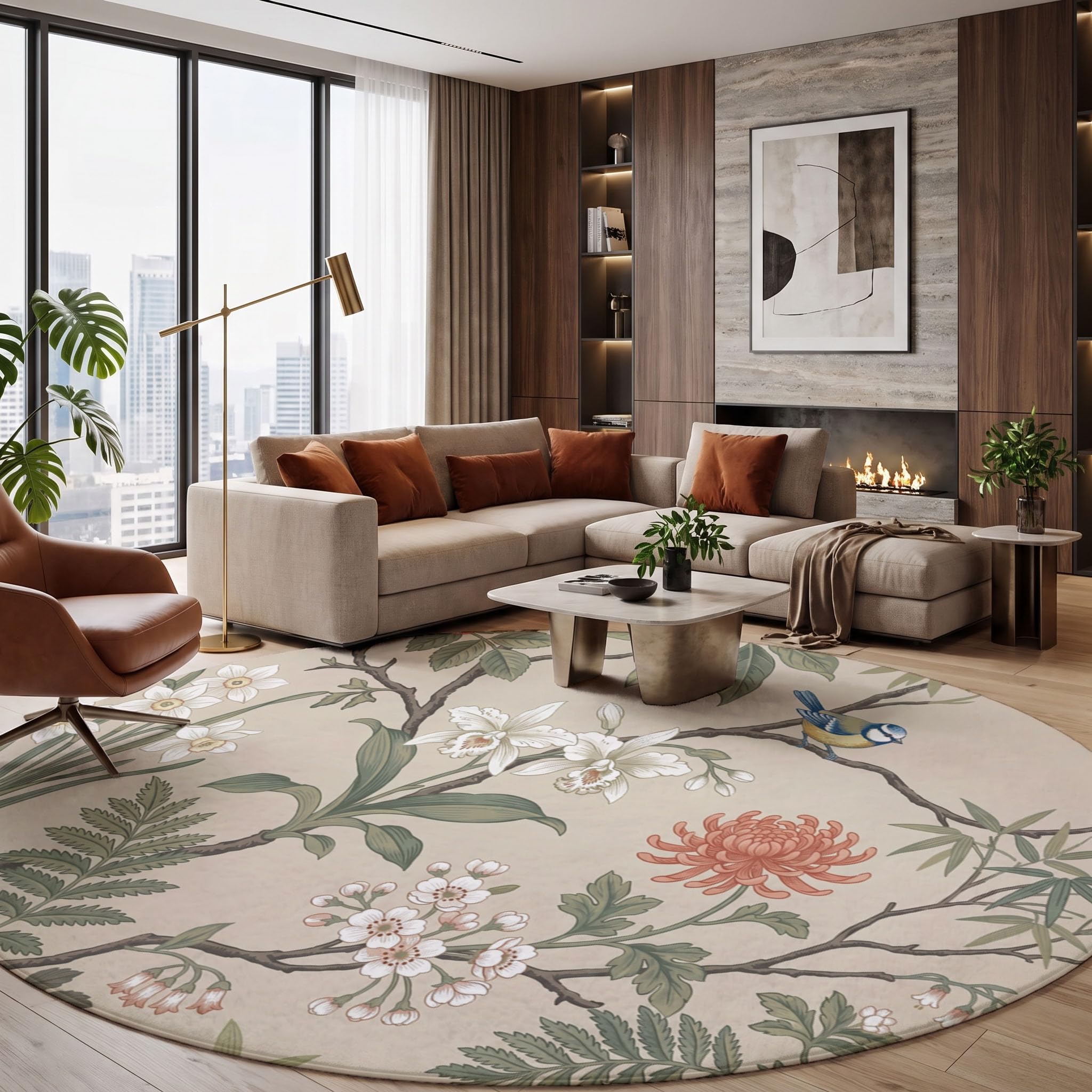 Tappeto Rotondo Salotto Stile Britannico Retrò 180 cm | Fiori Rami Uccelli, Camera da Letto Antiscivolo Lavabile, Tappeti Sala Cameretta Ufficio, Carpet Pelo Corto Morbido