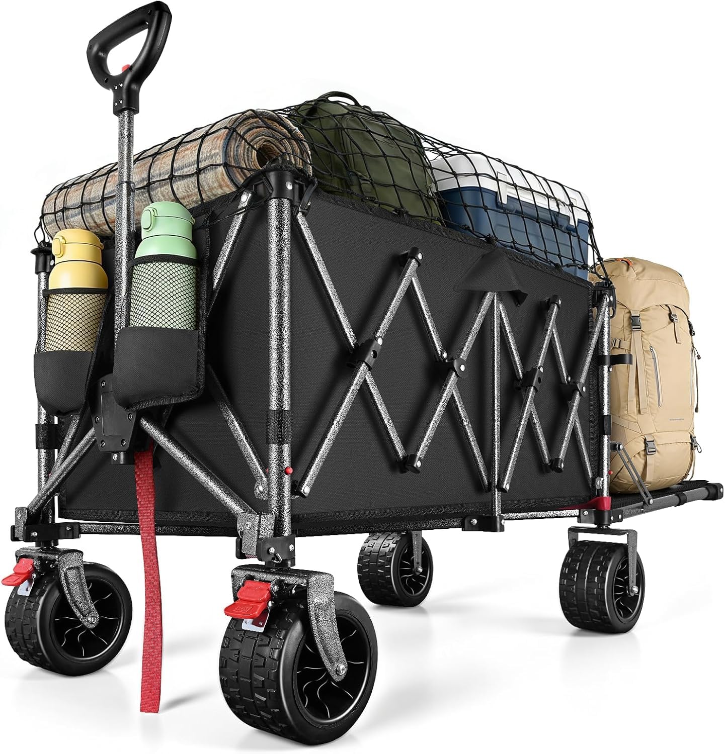 370L Festival Trolley on Wheels, Heavy Duty Folding Wagon, Portable Camping Cart Load up 550LB, Camping Trolley Foldable for Beach Outdoor Garden Shopping Fishing, Rear-Opening Design, Pure Black