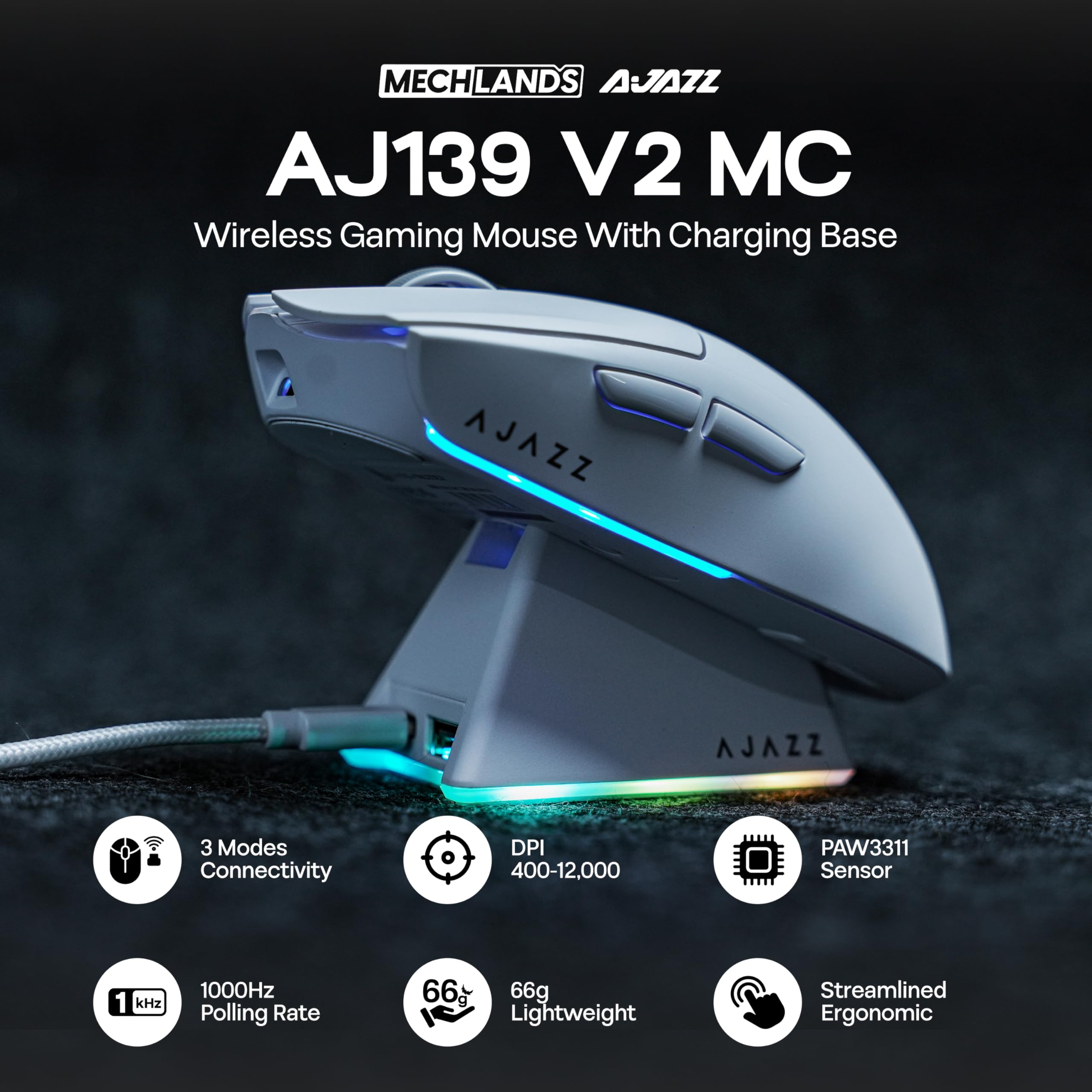 MechLands AJAZZ AJ139 V2 MC Mouse da gioco con base di ricarica, regolabile 12.000 DPI, sensore PAW3311, mouse wireless a 3 modalità, batteria da 500 mAh, frequenza di polling 1000, peso leggero 66 g