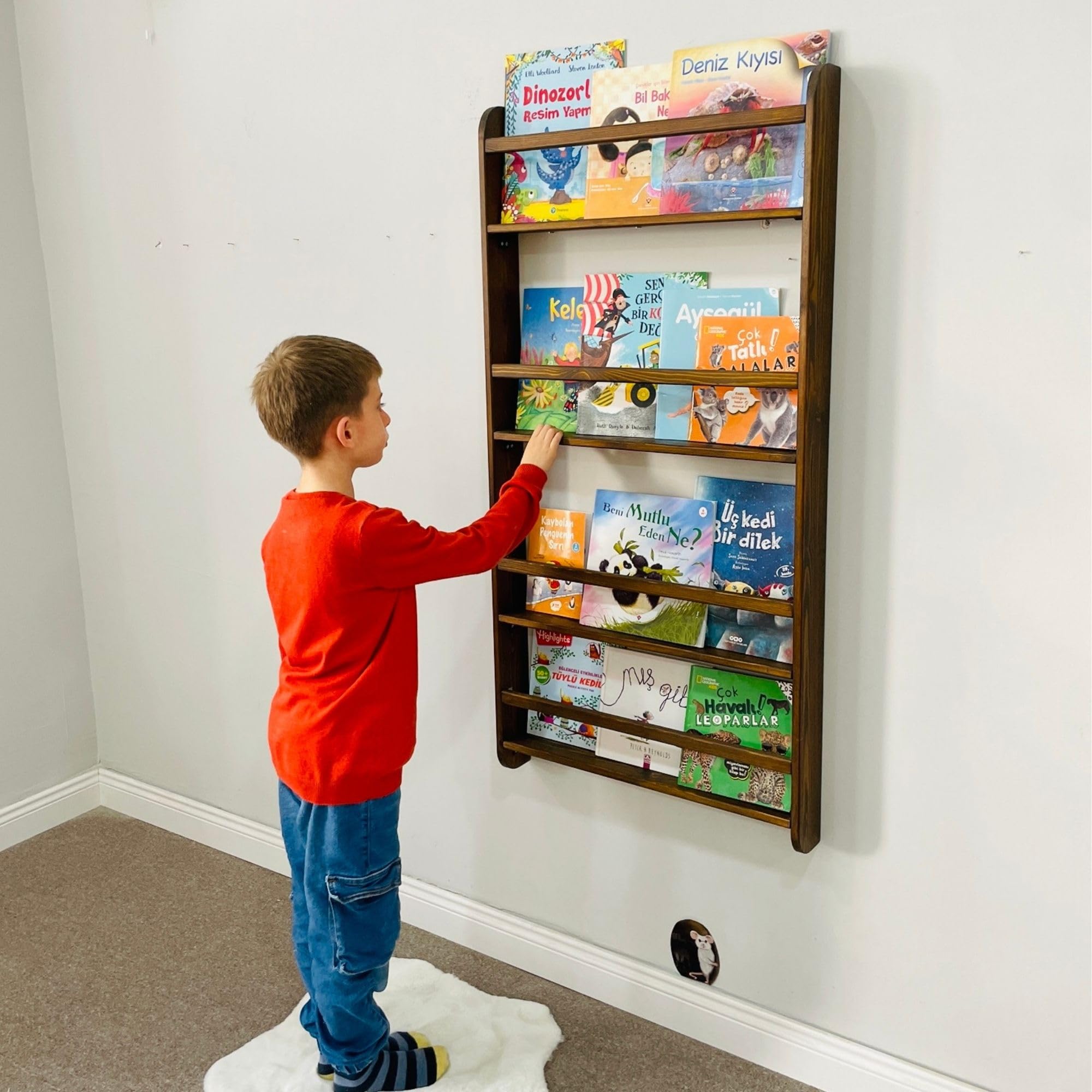 Furpinea Real Wood Handmade Walnut Color Kids Wall Mounted Montessori Bookshelf for Nursery, Bedroom, Living Room (4 Tier, 48