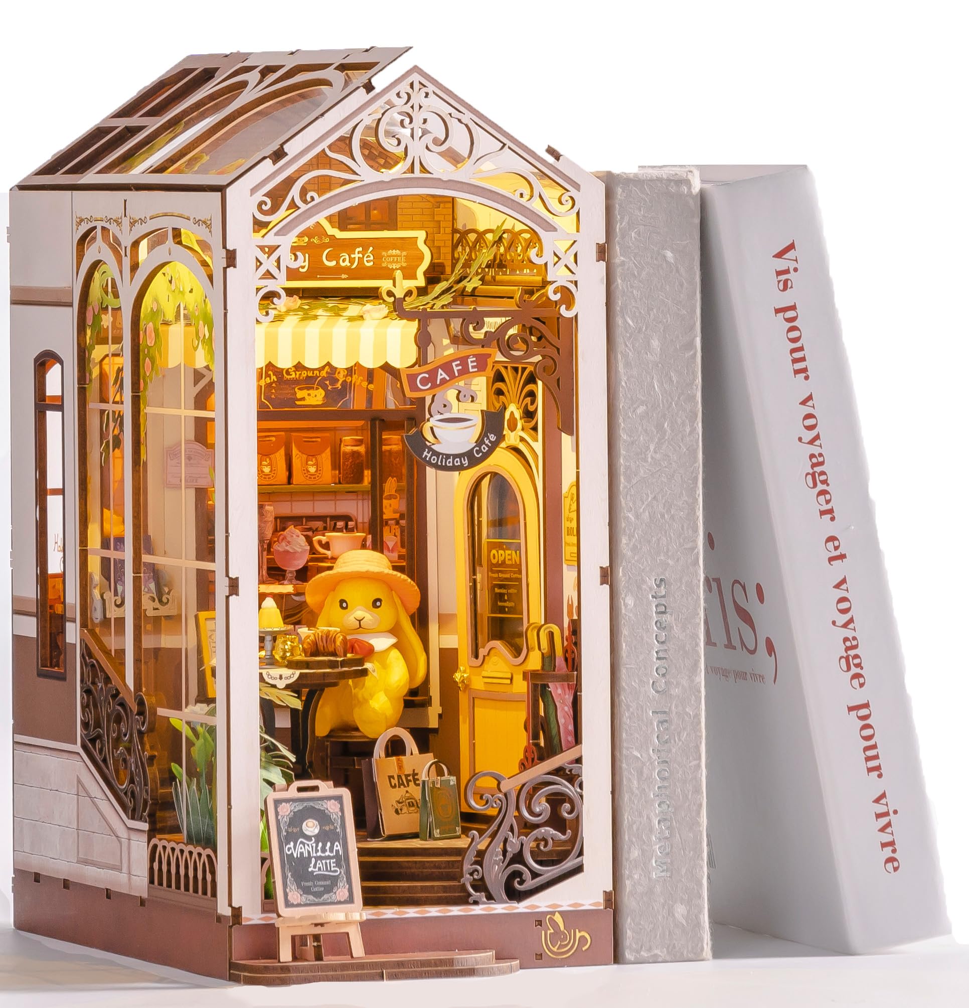 ROBOTIME Book Nook Kit for Adults, Holiday Café, DIY Miniature House Kit, Booknook Bookshelf Decoration
