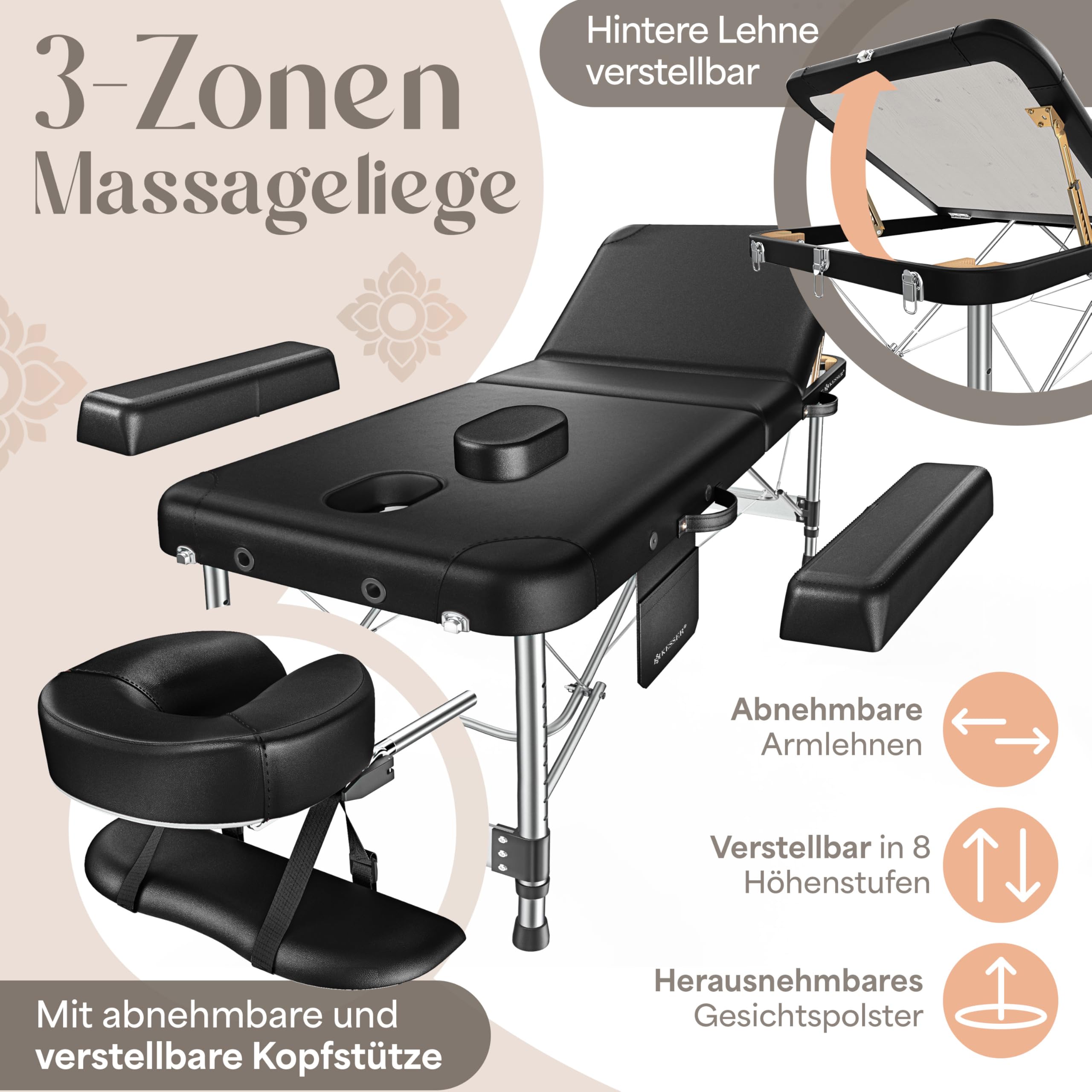 KESSER® Camilla de Masaje Móvil Plegable y Ajustable en Altura Cama de Masaje de 3 Zonas Estética Amplia de Terapia + 10x Reposacabezas