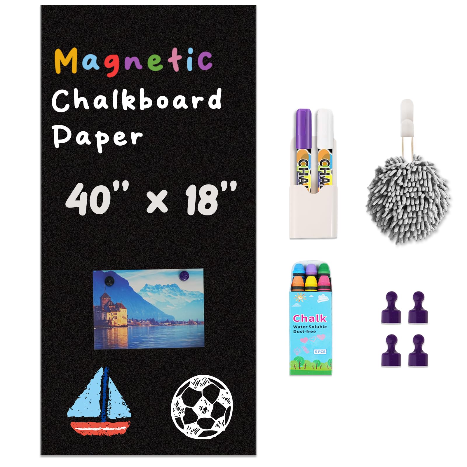 Magnetic Chalkboard Contact Paper for Wall 40" x 18" Self Adhesive Blackboard Wallpaper Peel and Stick Chalk Board Wall Decal Roll with Chalks for Kids Home Playroom Classroom