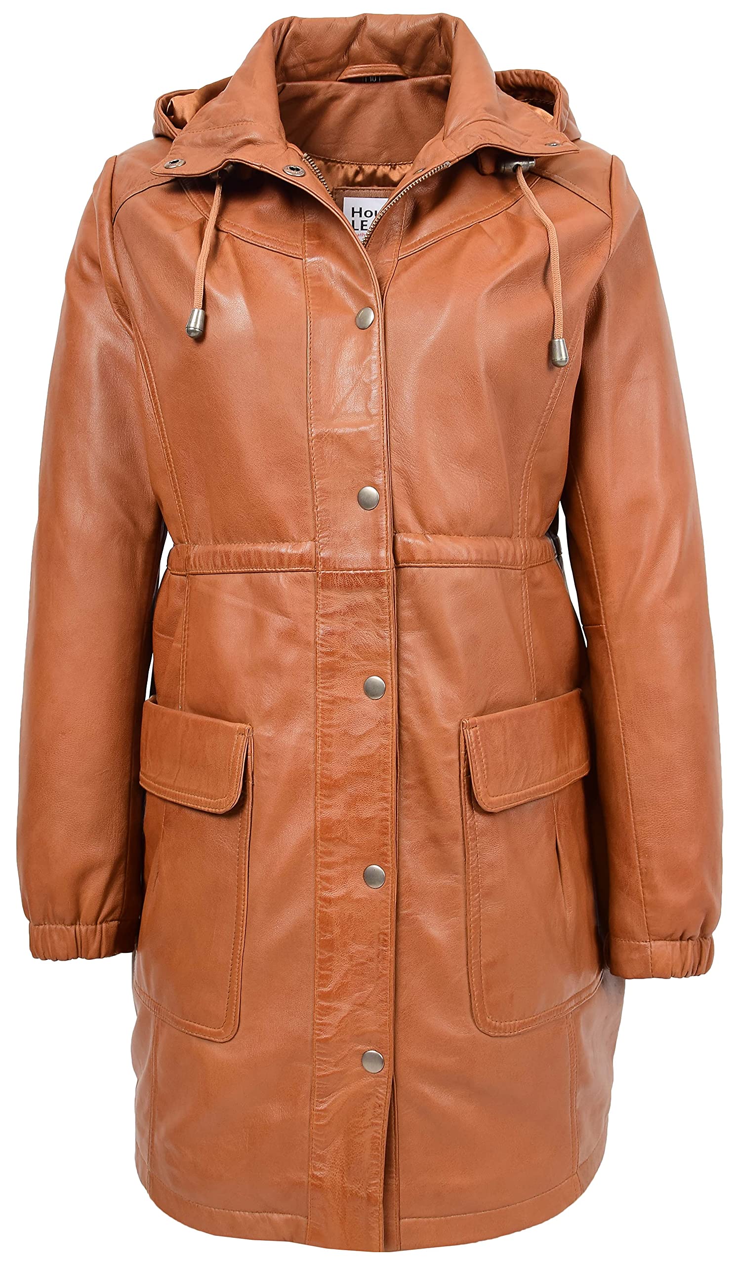 House Of Leather Women's Tan Real Leather 3/4 Length Coat Detachable Hooded Duffle Kyra (12, )