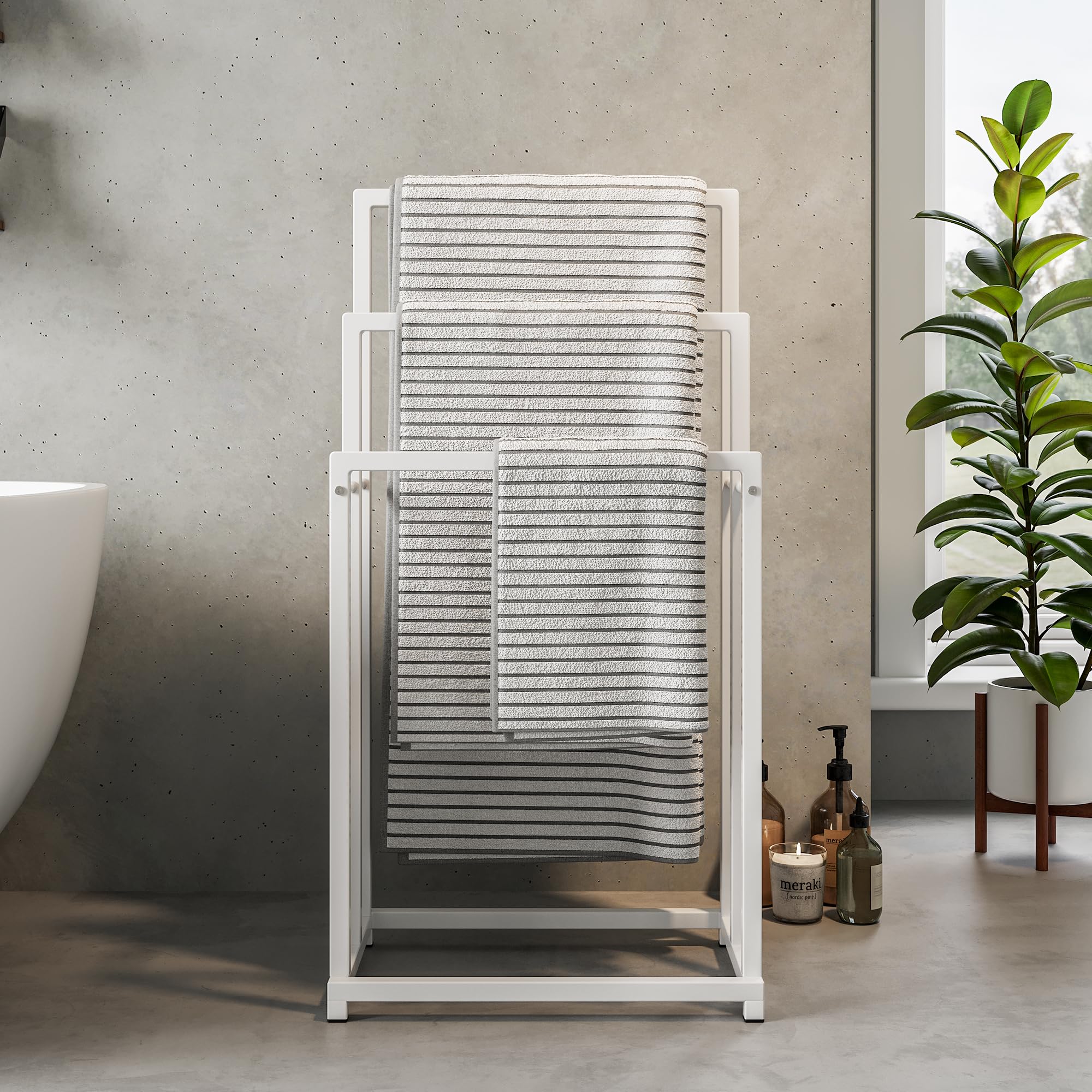 Porte-serviettes sur pied avec 3 barres porte-serviettes, porte-serviettes de salle de bain, en acier, blanc