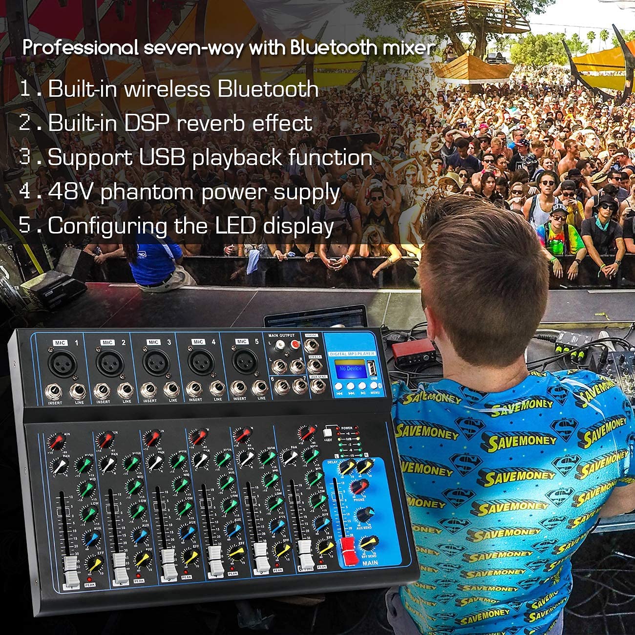 Depusheng HT7 Table de mixage audio portable Bluetooth avec console de mixage de son DJ USB Cartes de mixage de bandes à 7 canaux Prise MP3 Alimentation 48V
