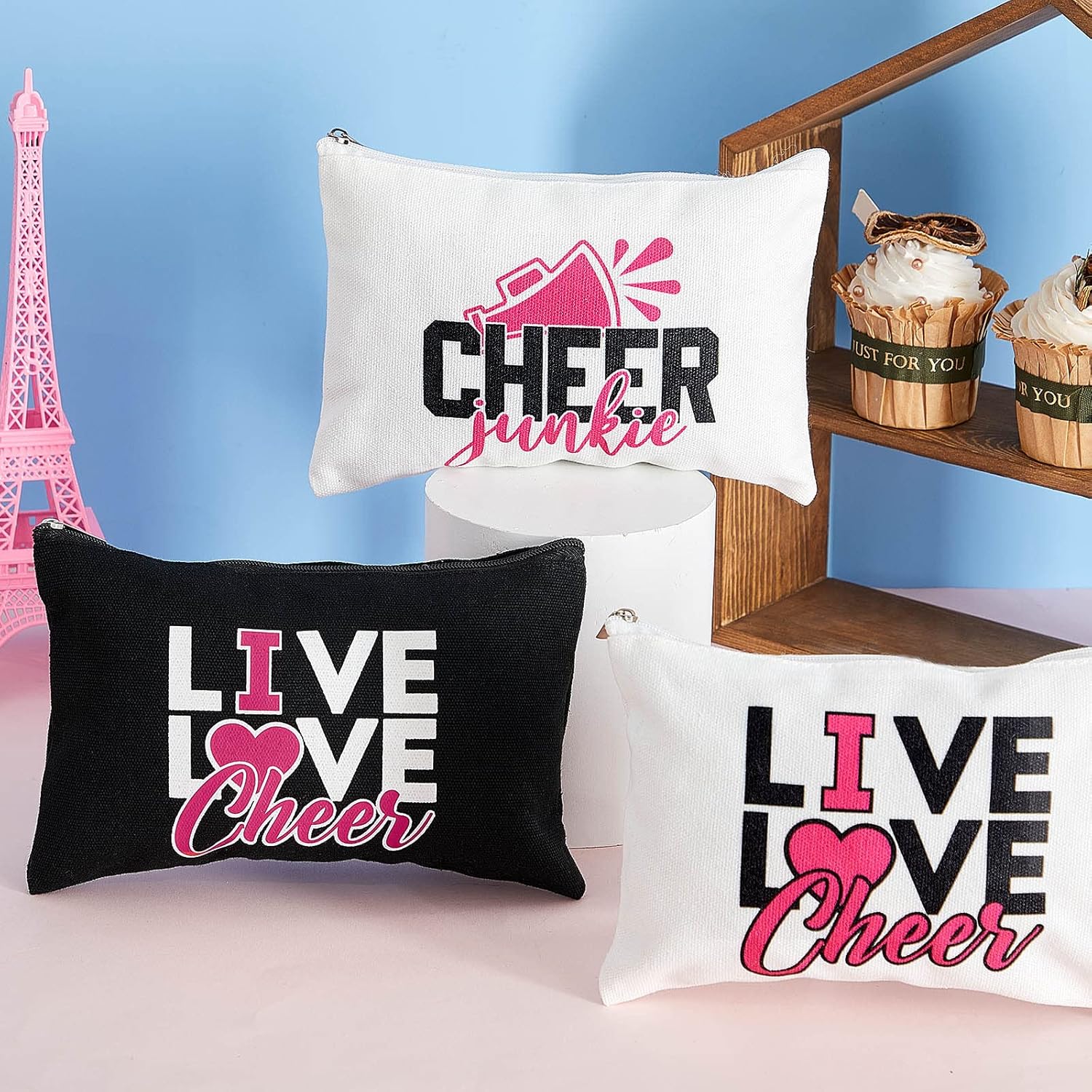 18 Pieces Cosmetic Cheer Bag Cheerleader Gifts Canvas Cheer Makeup Case Portable Travel Cheerleading Bag Toiletry Zipper Pouch for Teen Girls Women Teammates, 2 Colors - Image 6