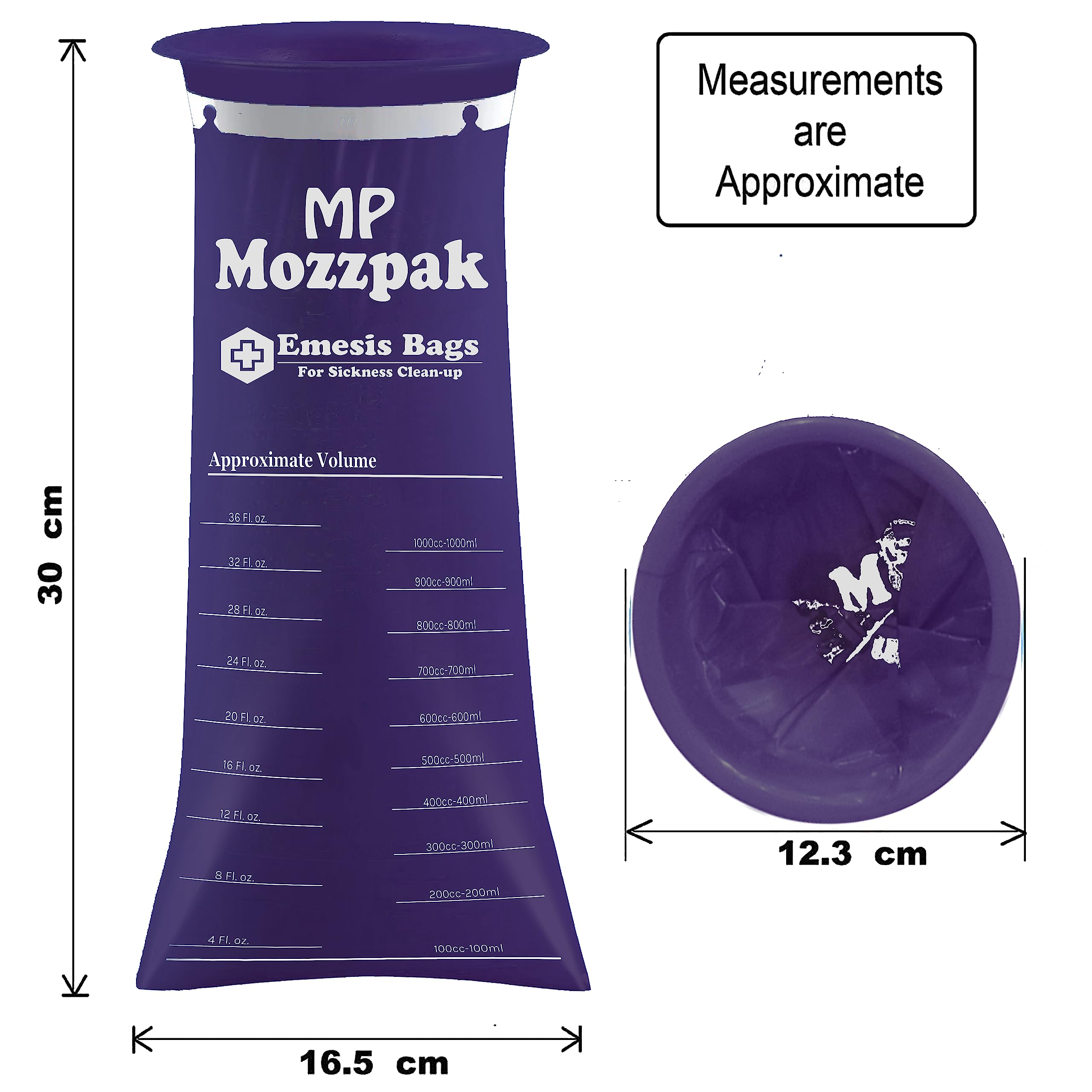 MP MOZZPAK Vomit Bags Disposable – 50 Pack – 1000ml Barf Bags – Leak Resistant, Medical Grade, Portable Emesis Bags, Puke, Throw Up, Nausea Bags for Travel Motion Sickness, Car & Aircraft, Kids, Taxi