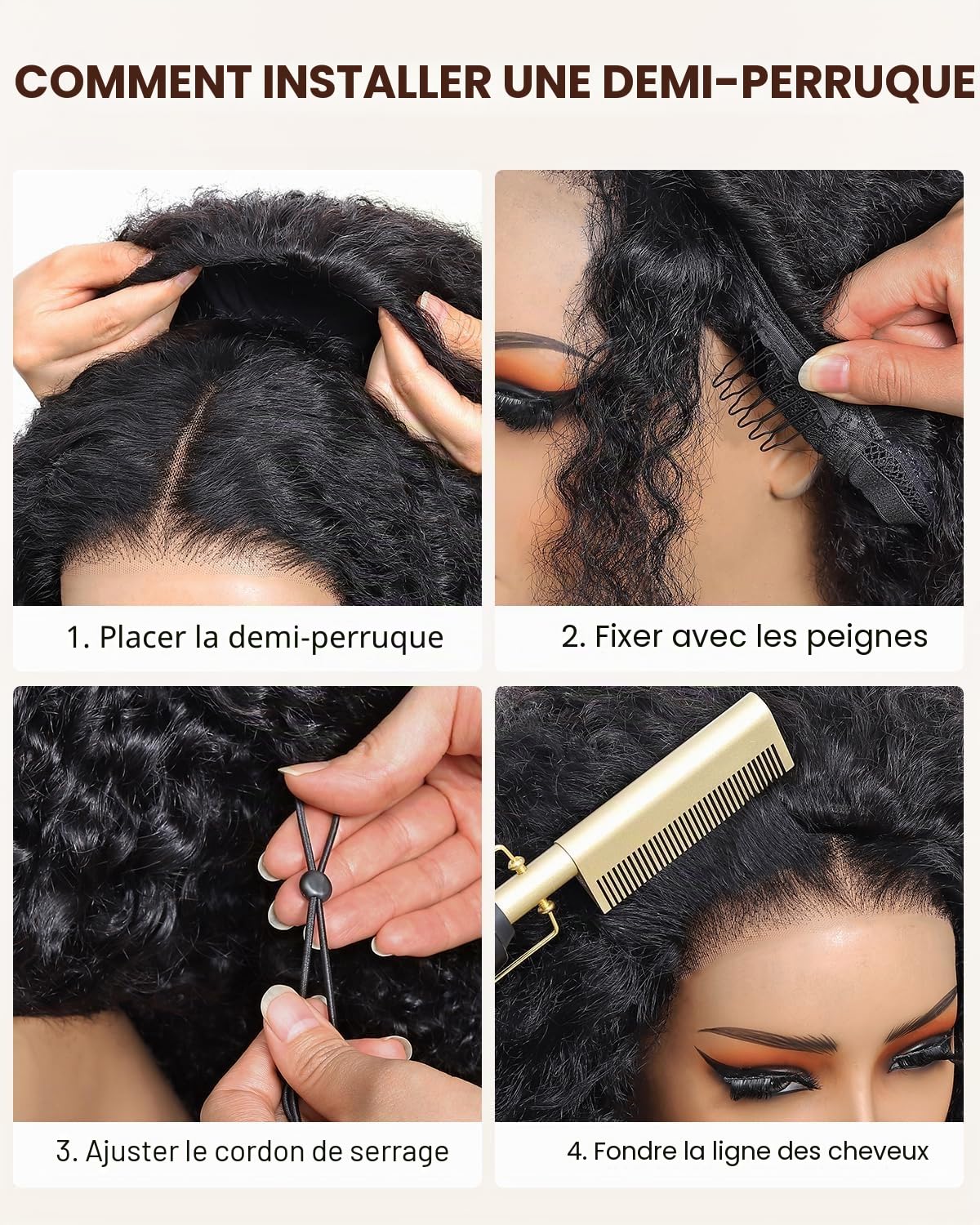 Half Wig Human Hair 200 Densité Kinky Curly 3 In 1 Seamless Flip Over Perruque Femme Naturelle 18 Inch Brésilien Glueless Wigs Human Hair with Drawstring Beginner Friendly Headband Wig for Women