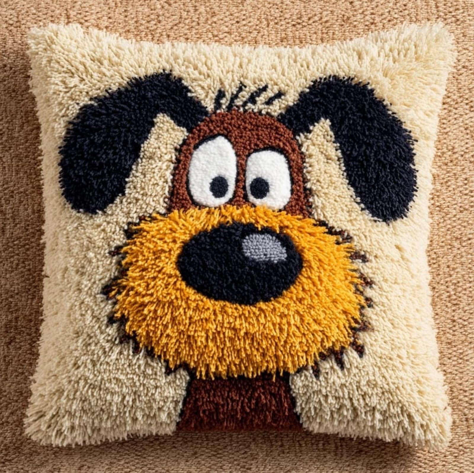 AxiangziK Latch Hook Needlecraft Pillow Kit 43x43cm,Cute Dog Pre-Printed Pattern Cushion Making Set,Great for Relaxation & Home Styling,17x17in