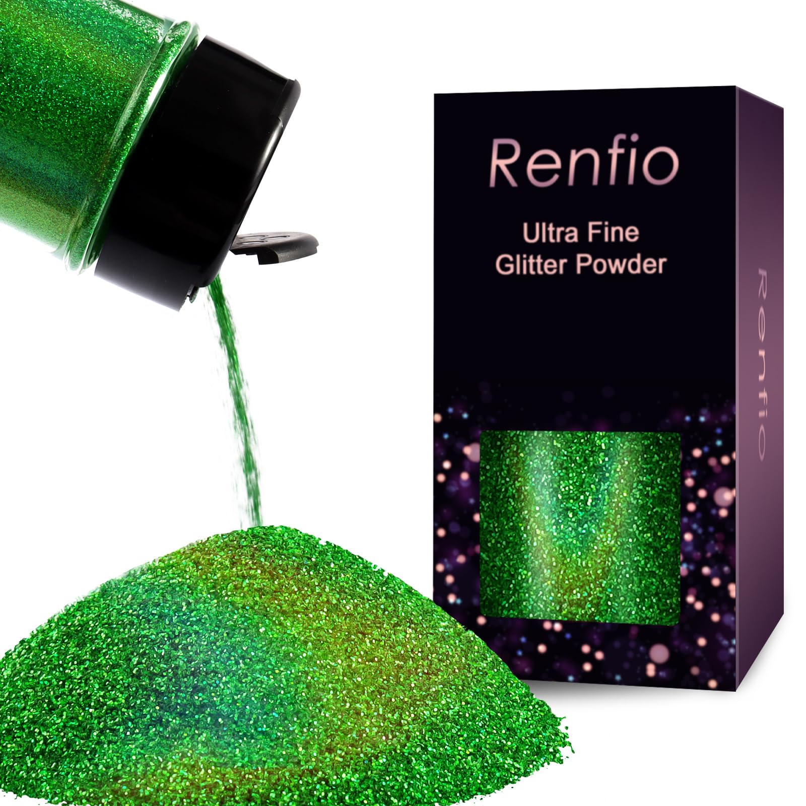 Renfio - Lentejuelas holográficas ultra finas de resina metalizada PET para manualidades (0,2 mm, purpurina epoxi para vasos, 50 g, color verde láser)