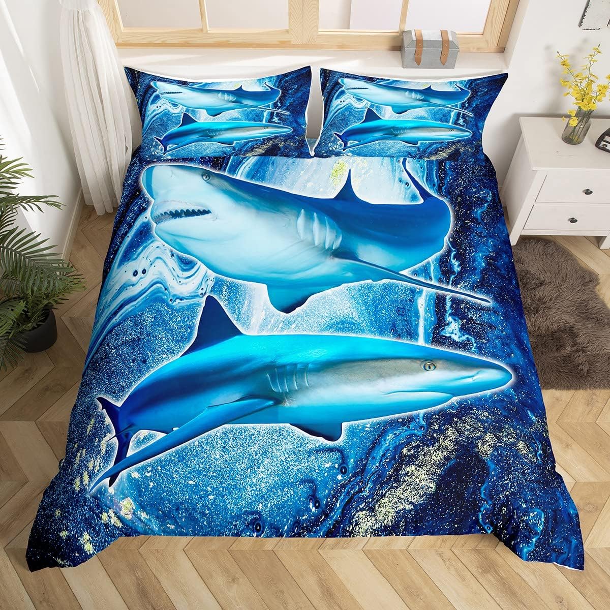 Shark Bed Linen Set 200 x 200 cm for Children Boys Girls Blue Marble