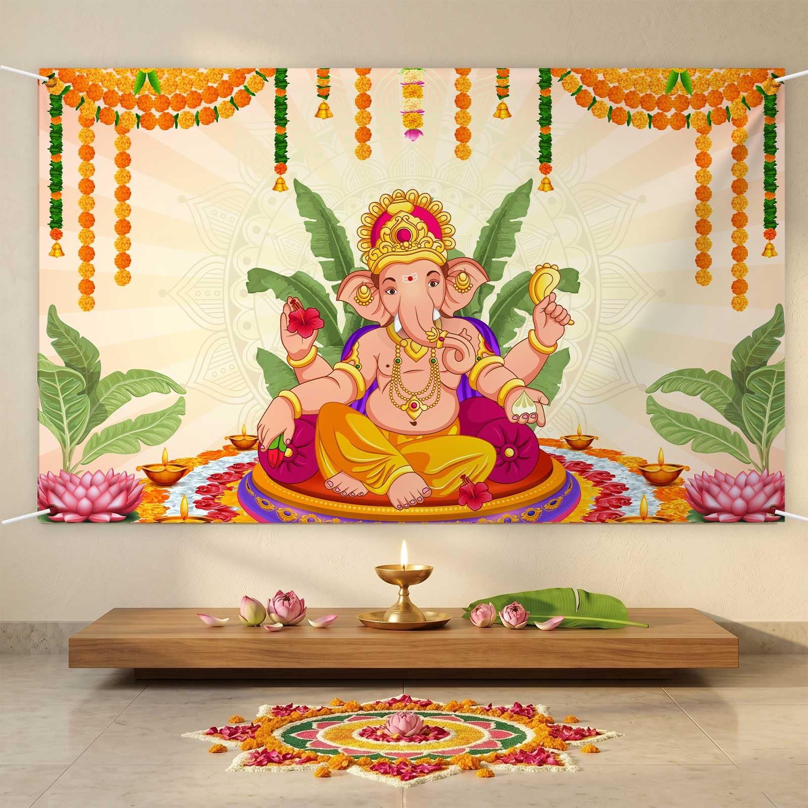 Pooja Ganpati Decoration Banner Indian Puja Cloth Items Backdrop Traditional Chatiya Ganesh Mehndi Photography Background Wedding Festival Party Marigold Garlands Photo Booth 70.8x35.4inch