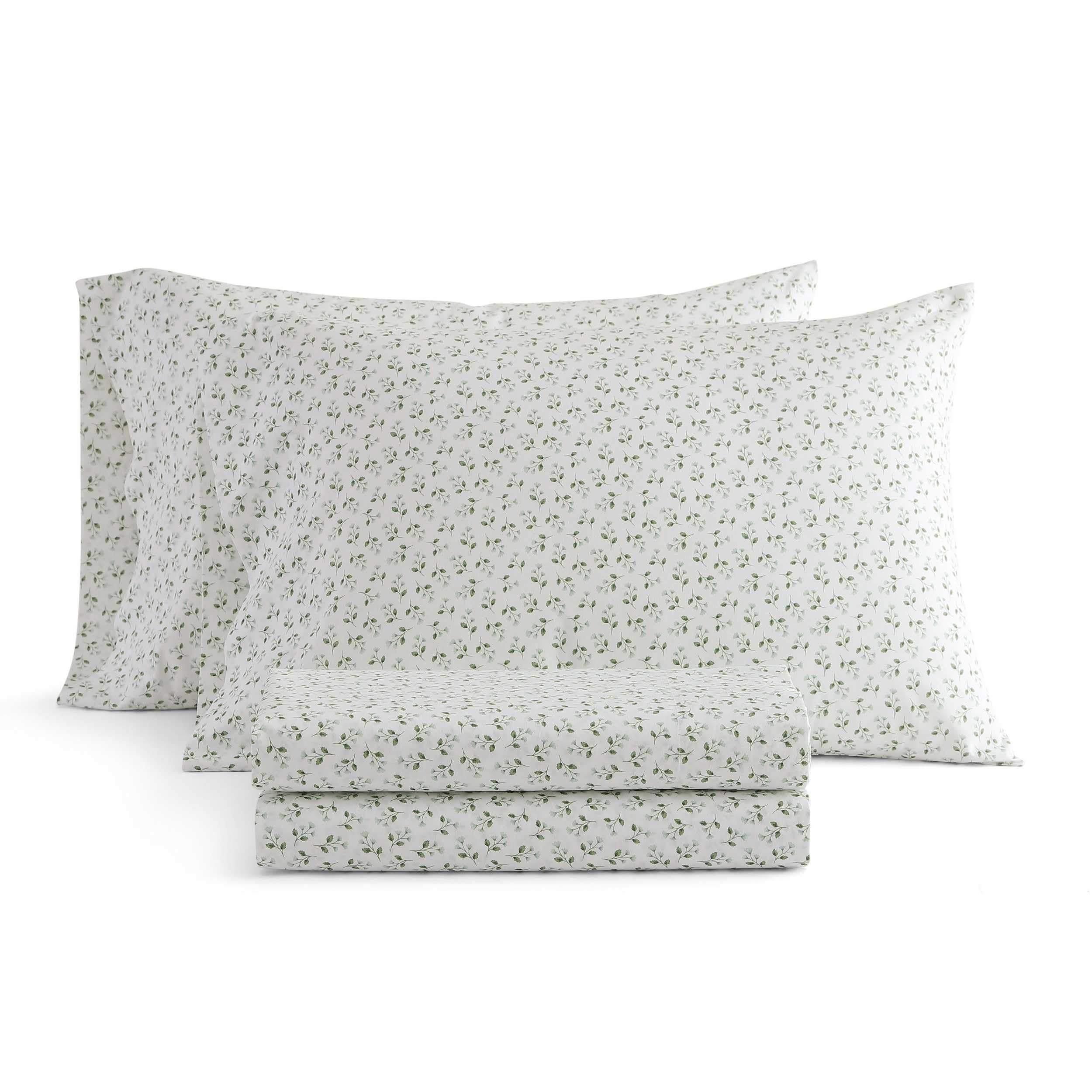 Martha Stewart - Full Size Sheet Set, Crisp &amp; Tailored Bedding with a Smooth Cotton Percale Feel, Deep Pocket, Bed Sheets with Matching Pillowcases &amp; Fitted Sheet (Kennedy Floral Green)