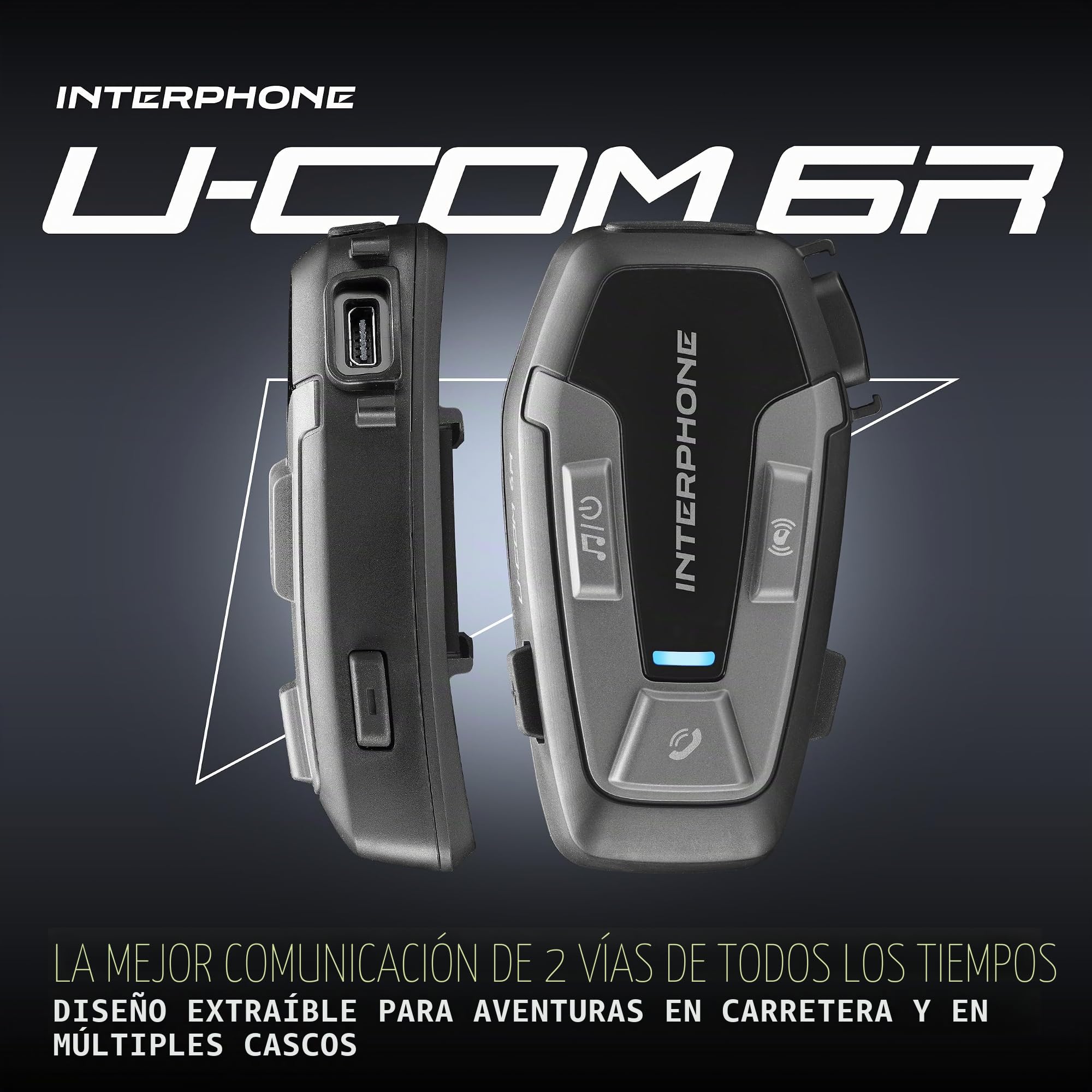 Interphone U-COM 6R – Intercomunicador Moto Individual con Kit para Segundo Casco, Comunicación Bluetooth 5.1 hasta 1 km para GPS y Llamadas, Batería 15h, Resistente al Agua IP67