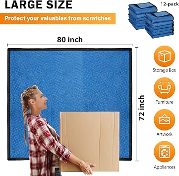 12 Moving Packing Blankets 80 x 72 Inches (35 lb/dz) Heavy Duty Moving Pads for Protecting Furniture Professional Quilted Shipping Furniture Pads (Blue 12PCS)
