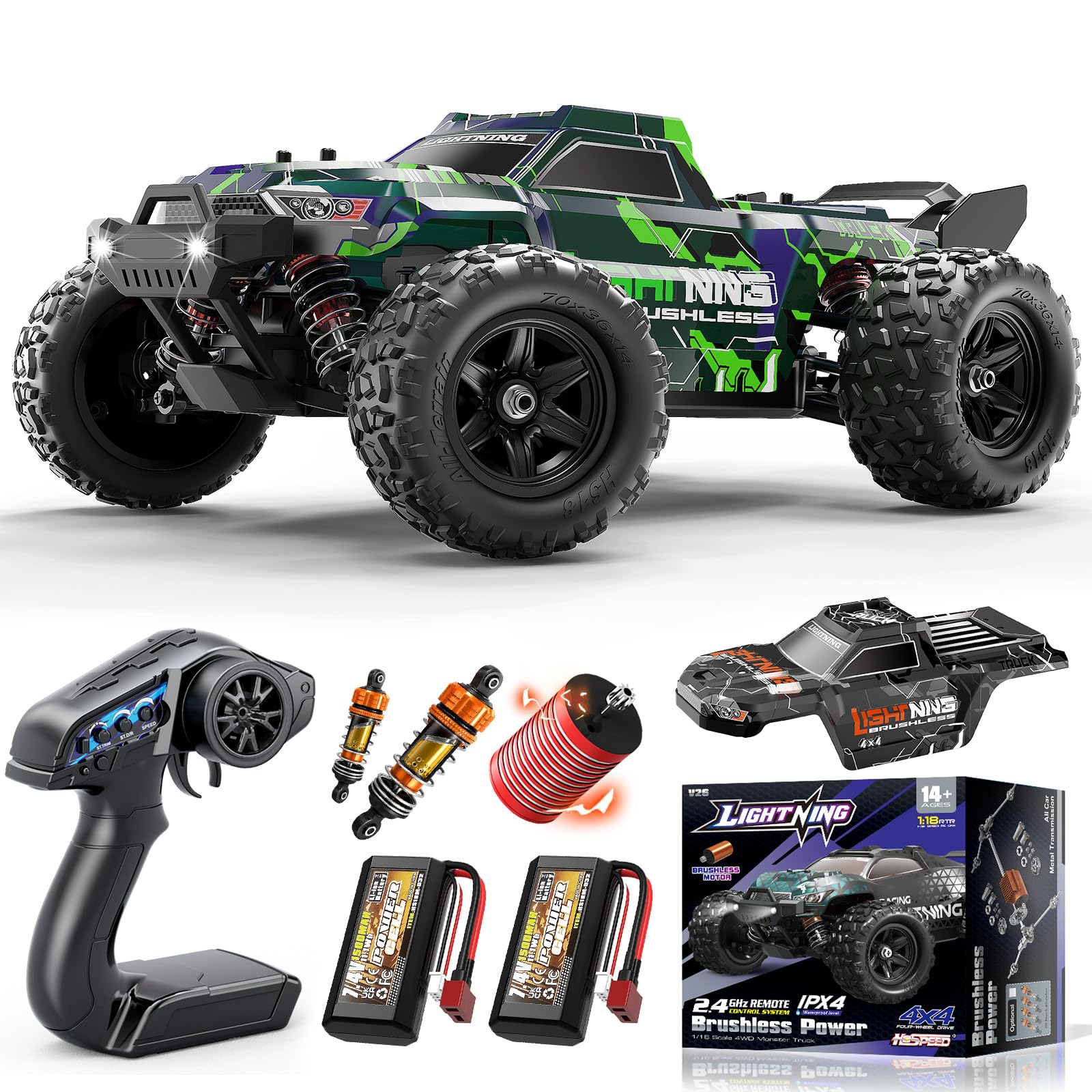 Womaqu Macchina Telecomandata Professionale 1:18 Brushless 4x4 52 km/h | RC Car Fuoristrada RTR da 10 anni con ammortizzatori ad olio, trasmissione in metallo, 2 batterie e 2 carrozzerie