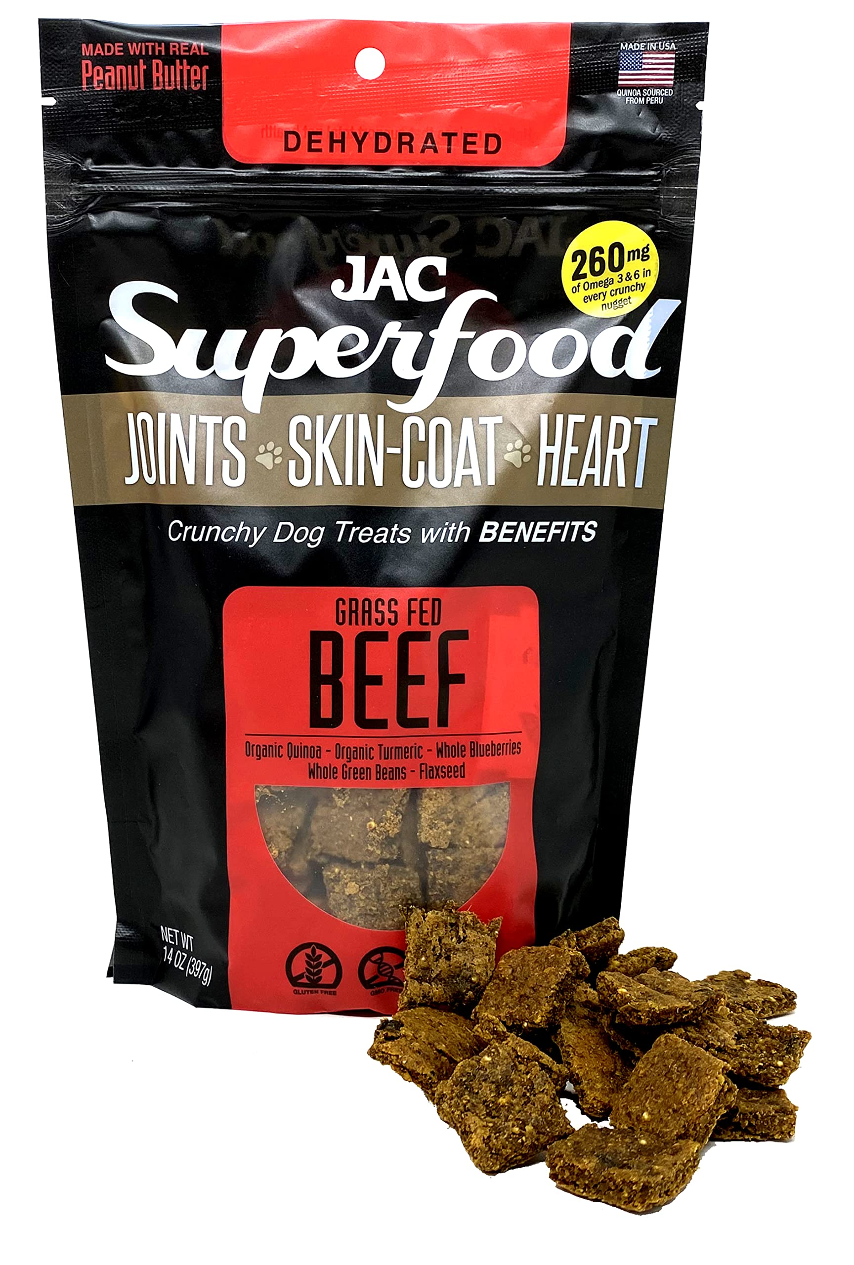 JAC Superfood Dehydrated Dog Treats with Benefits – 14 Ounce - Made in The USA, GMO-Free, Gluten-Free, Grain-Free Dog Treats (Grass-Fed Beef)