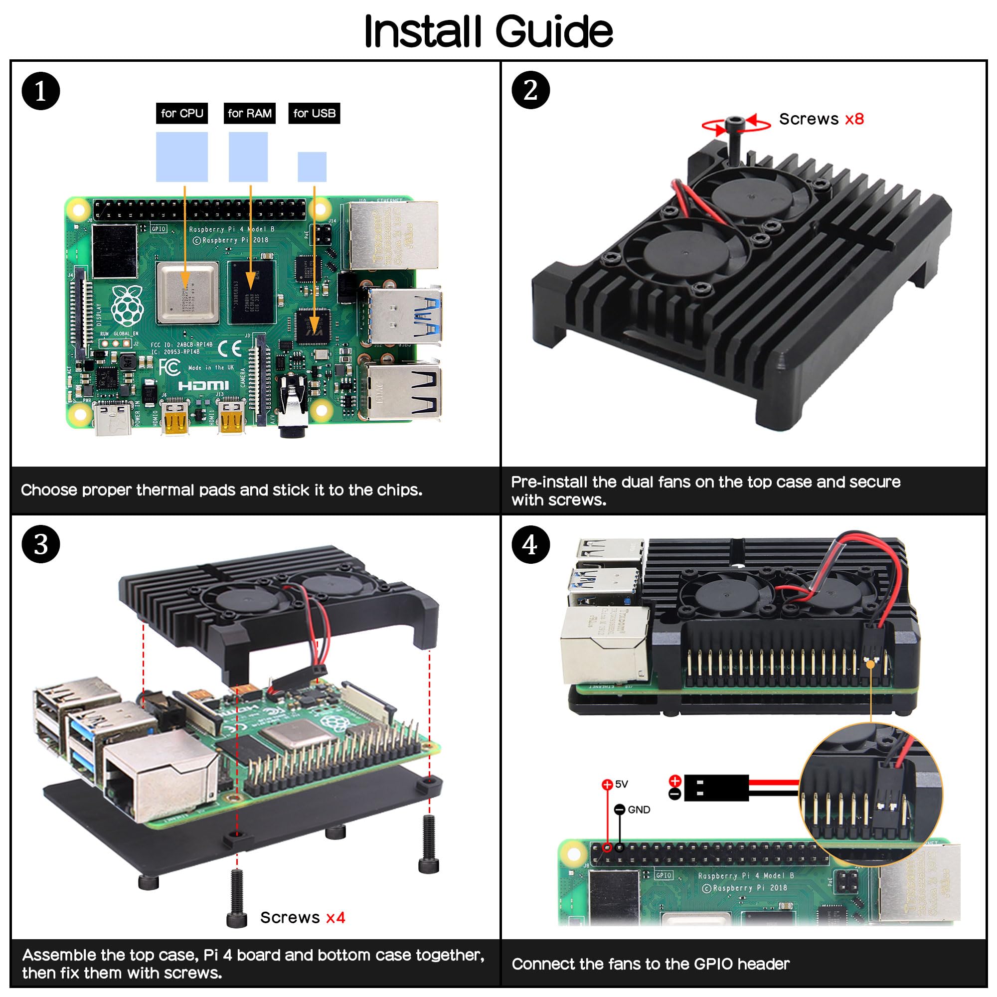 Obudowa aluminiowa Geekworm P127 dla Raspberry Pi 4B, chłodzenie aktywne | Aluminiowa obudowa chłodząca z 2 wentylatorami