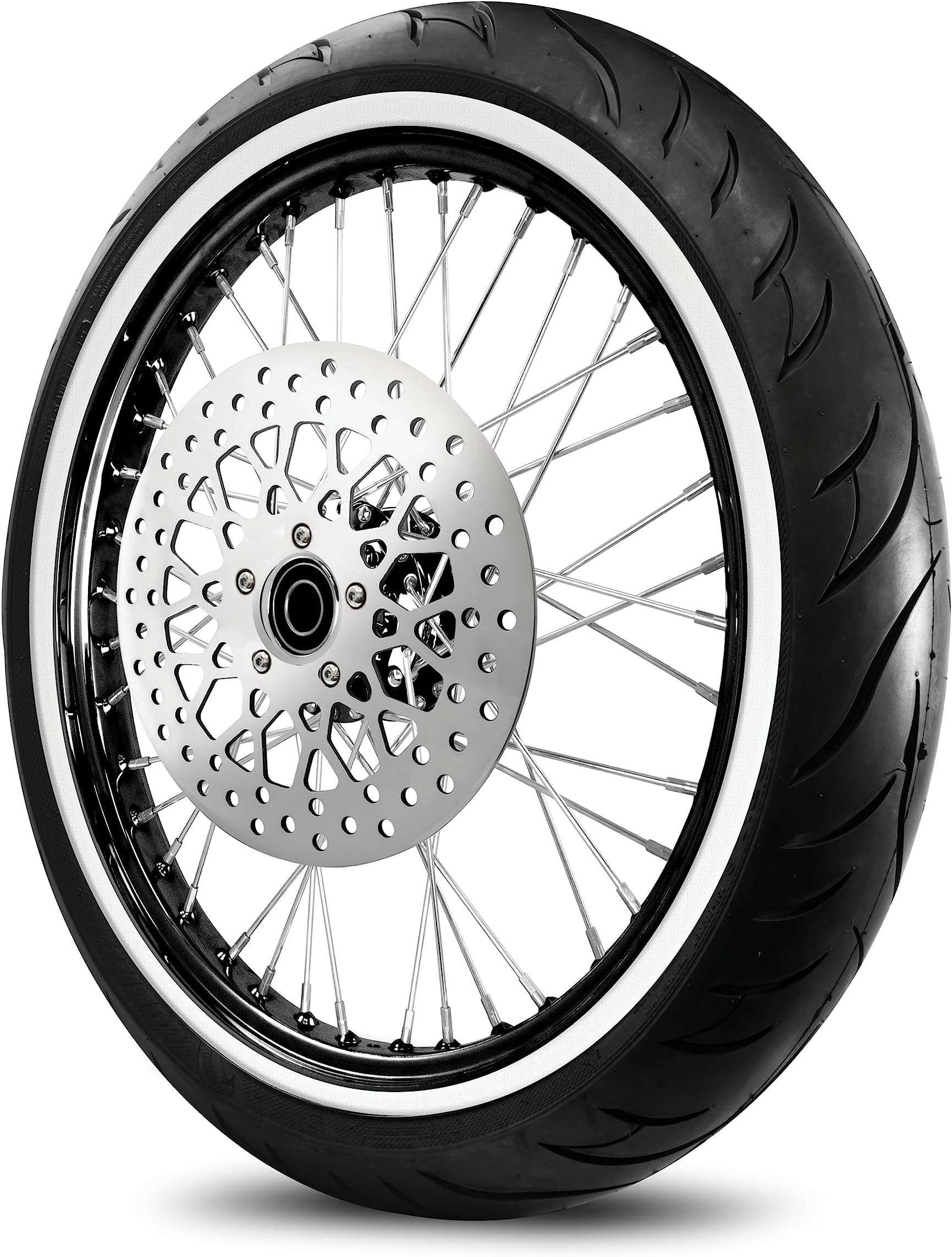 21" 21X3.5 40 SPOKE WHEEL FOR HARLEY SOFTAIL FRONT FITS 2007 ABOVE MODELS W/25MM BEARINGS, With ABS (TR) (Black Rim/Hub & White Wall TIre)