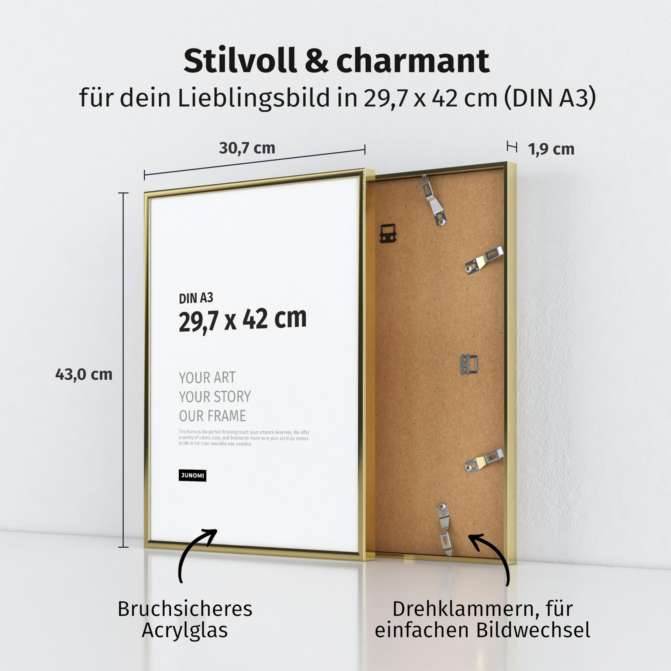 JUNOMI® Picture Frame A3 (29.7 × 42 cm), Gold Glossy Aluminium, Slim Profile, Shatterproof Acrylic Glass - Image 3