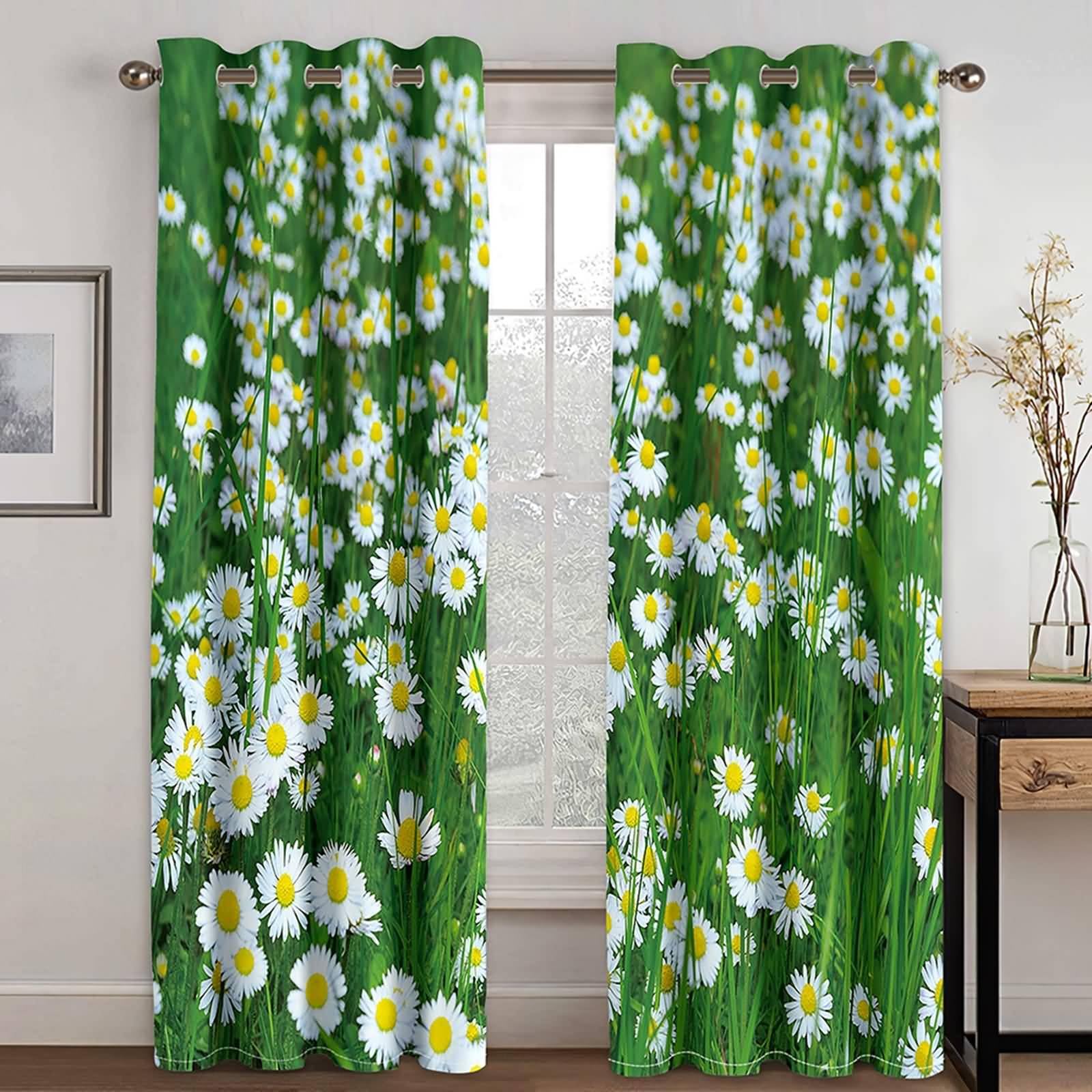 Vorhänge Schlafzimmer Modern, 96x138cm Weiß Gelb Grün Gänseblümchenfeld Schlafzimmer Gardinen und Vorhang Kälteschutz & Wärmeisolierend