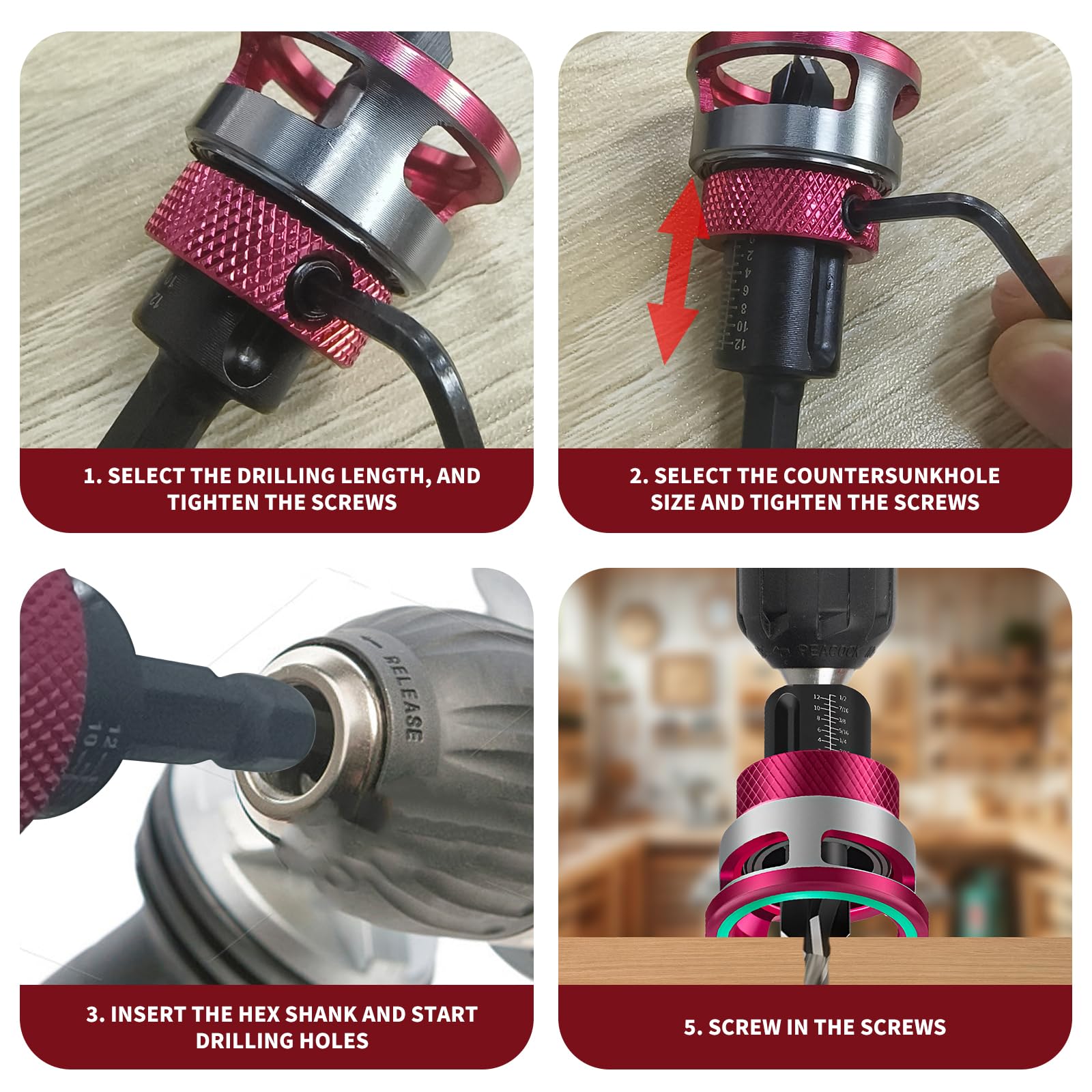 Juego de 6 piezas de brocas cónicas, brocas de madera con tope de profundidad ajustable, brocas con vástago hexagonal de 1/4", juego de brocas para madera para trabajar la madera, para lograr