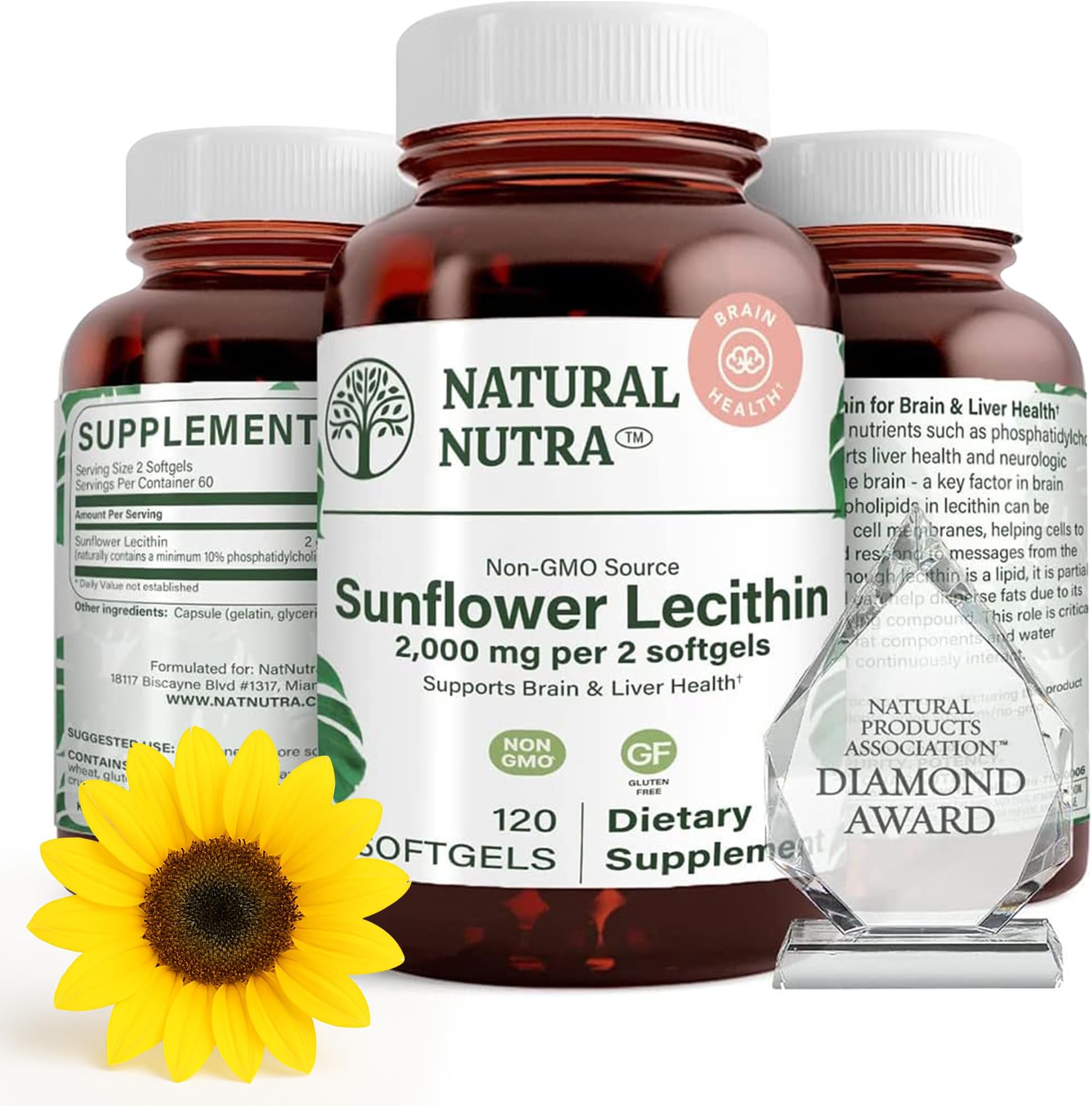 Natural Nutra Sunflower Lecithin Supplement 2000 mg, Improve Liver Function, Memory Booster, Non-GMO, Gluten Free, 120 Softgels