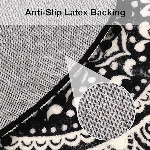 Miniatura 3 de Uphome Alfombra redonda pequeña de 2.3 pies, diseño de mandala negra, bohemia, con pompones, flecos, lavable, tapete de ducha circular suave,