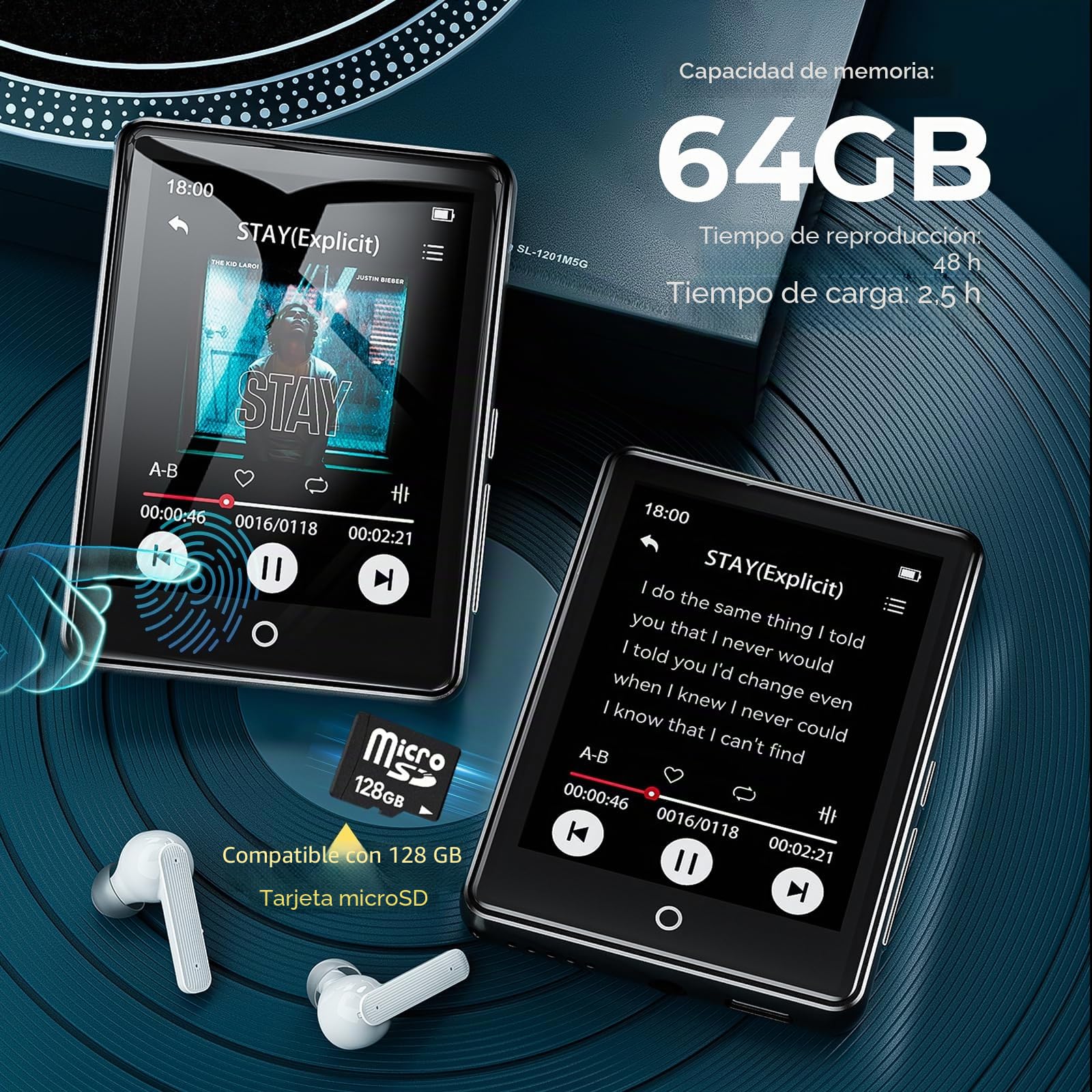 Reproductor de MP3 de 64 GB Bluetooth 5.3, pantalla táctil de 2,8 pulgadas, carcasa de zinc, sonido Hi-Fi y altavoz, 48 horas de duración de la batería, ruido blanco (18 sonidos), incluye auriculares
