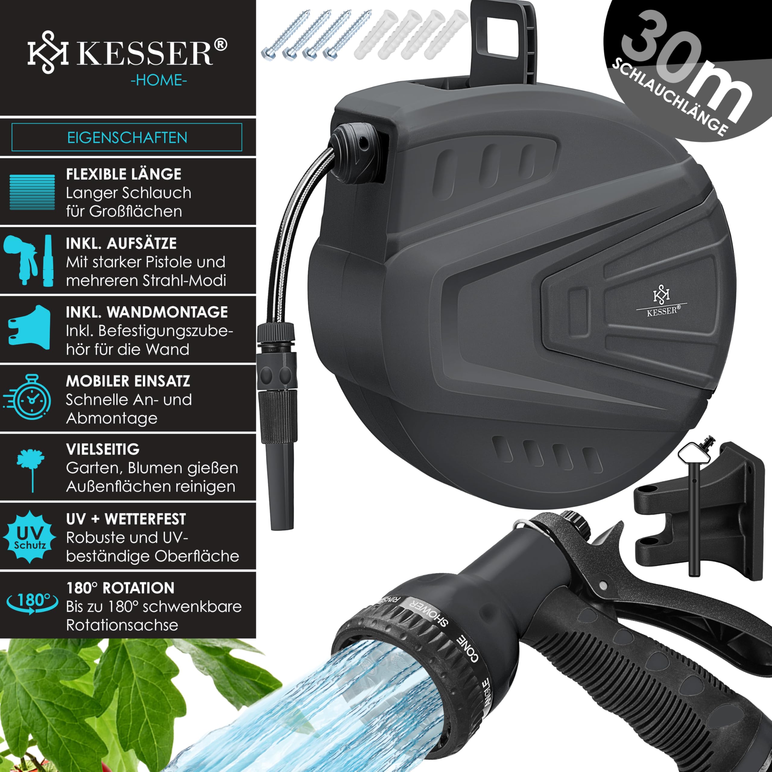 KESSER® automatische Schlauchtrommel 30 m + 2 m, Wand Schlauchbox mit Aufrollautomatik, Schlauchaufroller mit Gartenschlauch, 180° schwenkbar + Multi Handbrause mit 9 Modi, inkl. 2 Aufsätze, Anthrazit