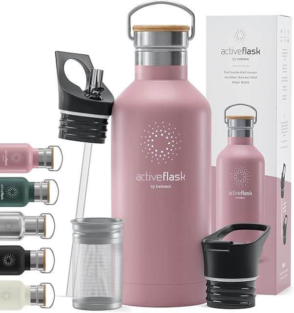 Stainless Steel Water Bottle + Straw (3 Lids) - Leak-Proof & BPA-Free | Insulated Active Flask Drinking Bottles - 24h Cold / 12h Hot, 1l/500ml Outdoor Mug, Tea Coffee, Sport Camping Gym