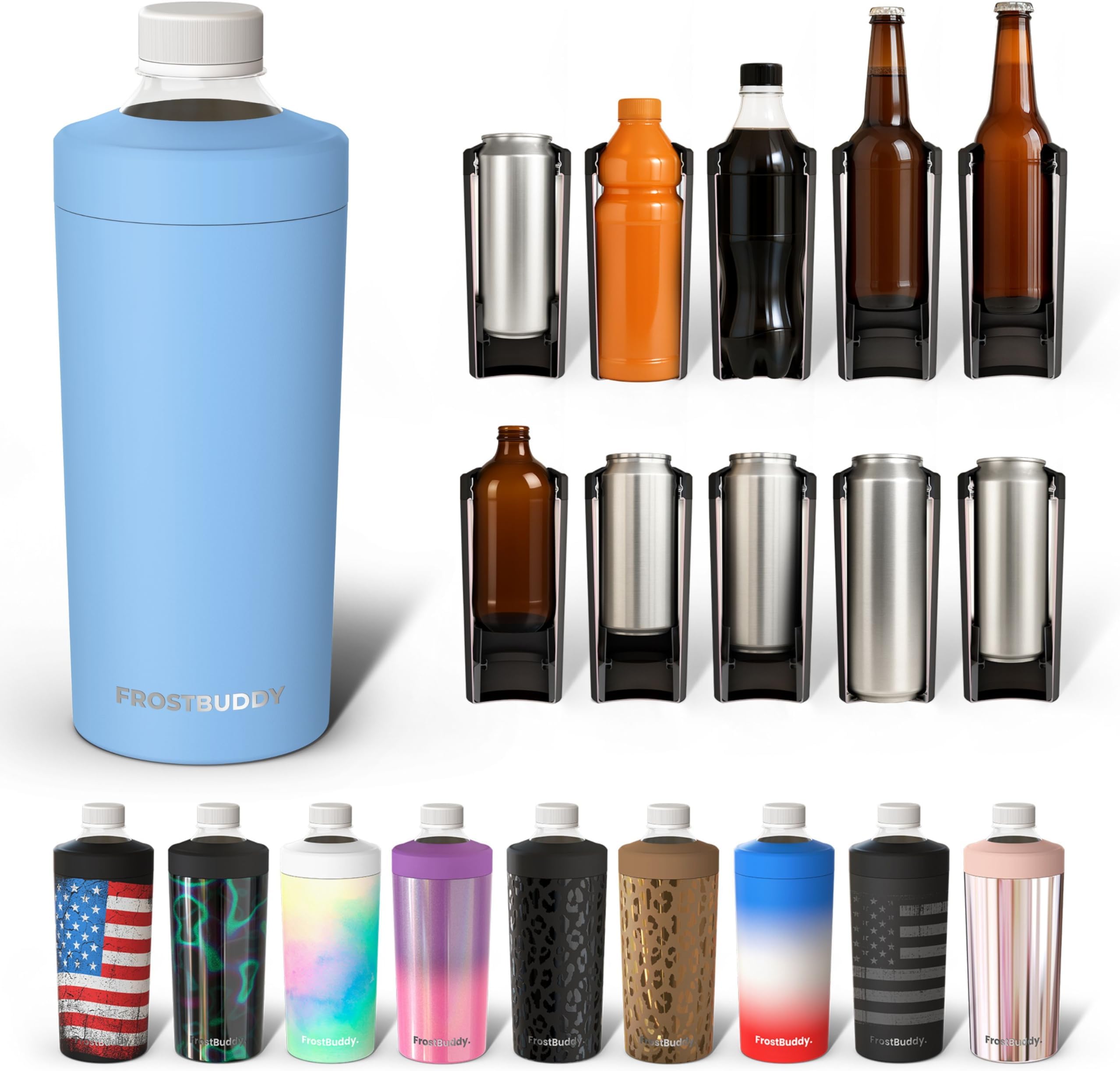 Universal Buddy XL Can Cooler by Frost Buddy - Fits 12-ounce, 16-ounce, 20-ounce, and 24-ounce Cans and Bottles - Keep Your Drinks Refreshingly Chilled for over 12 hours. (Baby Blue)
