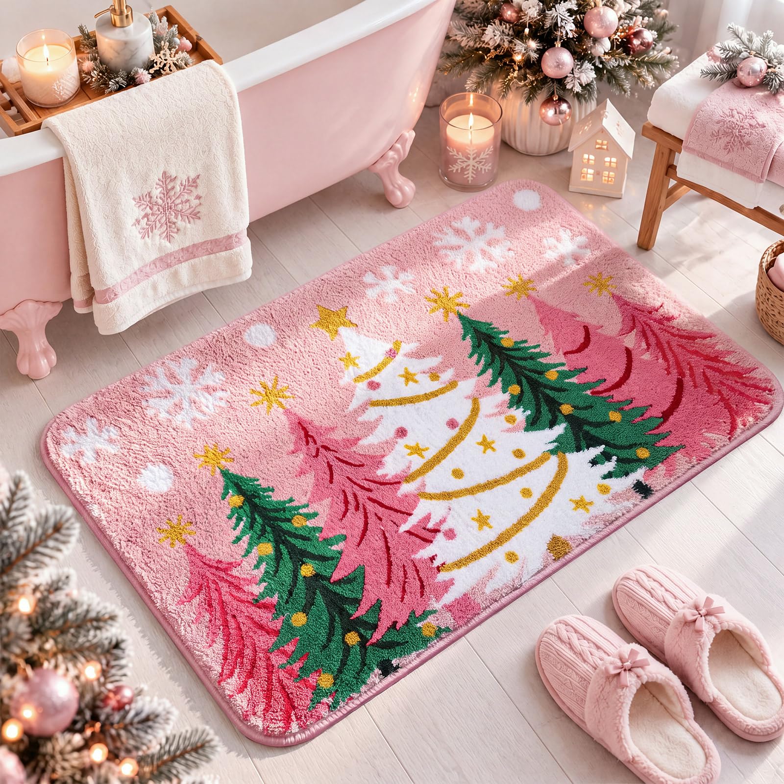 Christmas Tree Xmas Bathroom Rug, 20" x 32", Pink