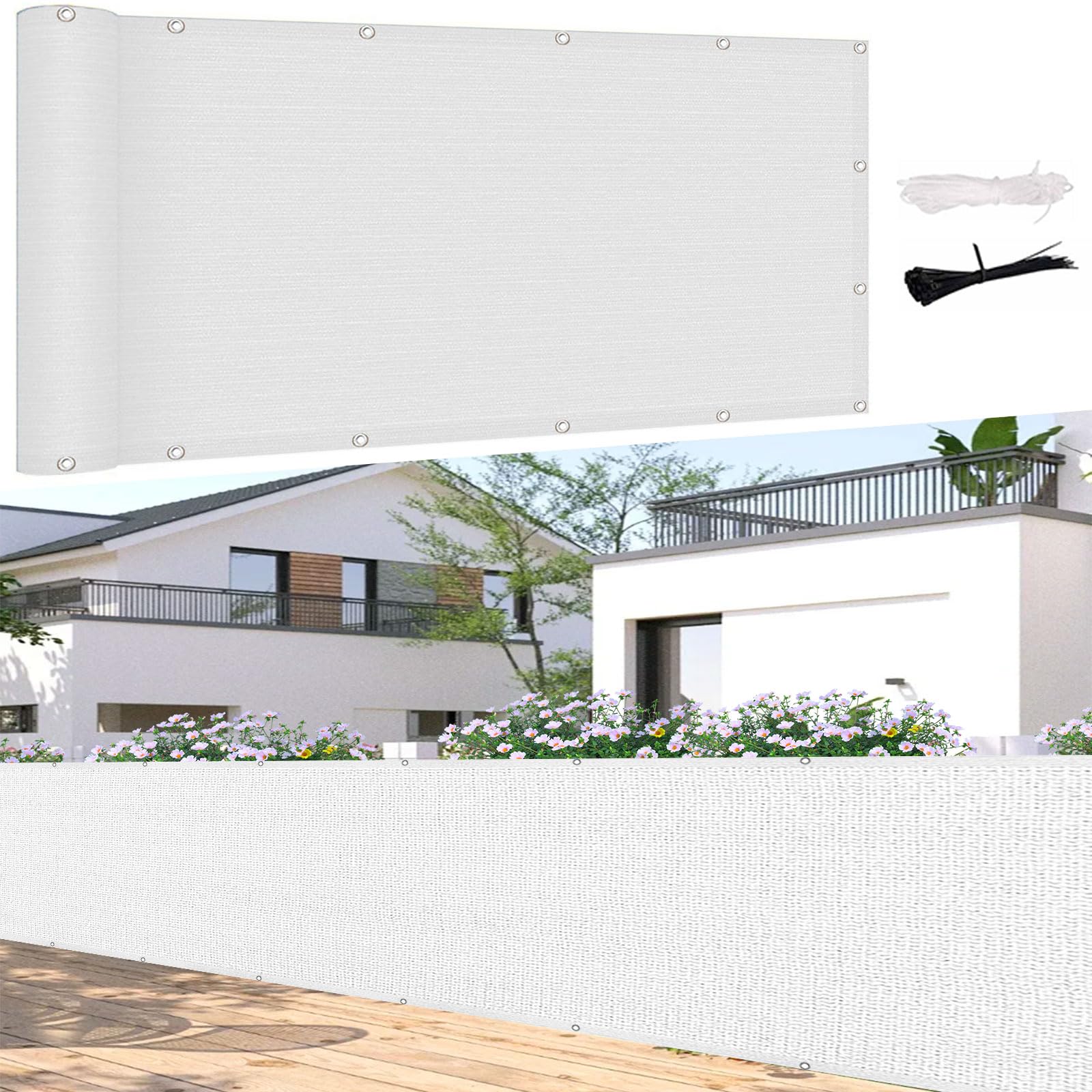 Brise vue 100x180 cm blanc avec oeillets et attaches pour jardin et balcon