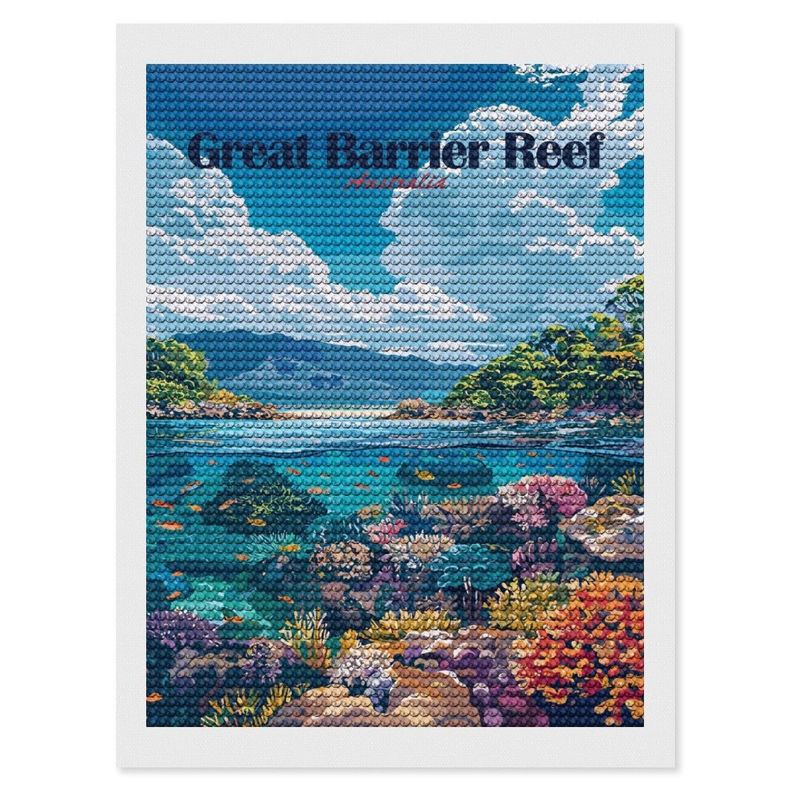 Junmoney Great Barrier Reef Australia Travel Diamond Art Kit 12"x16", Vintage Style Decor, Stress Relief Craft, Decor Project, Relaxing DIY, Creative Hobby