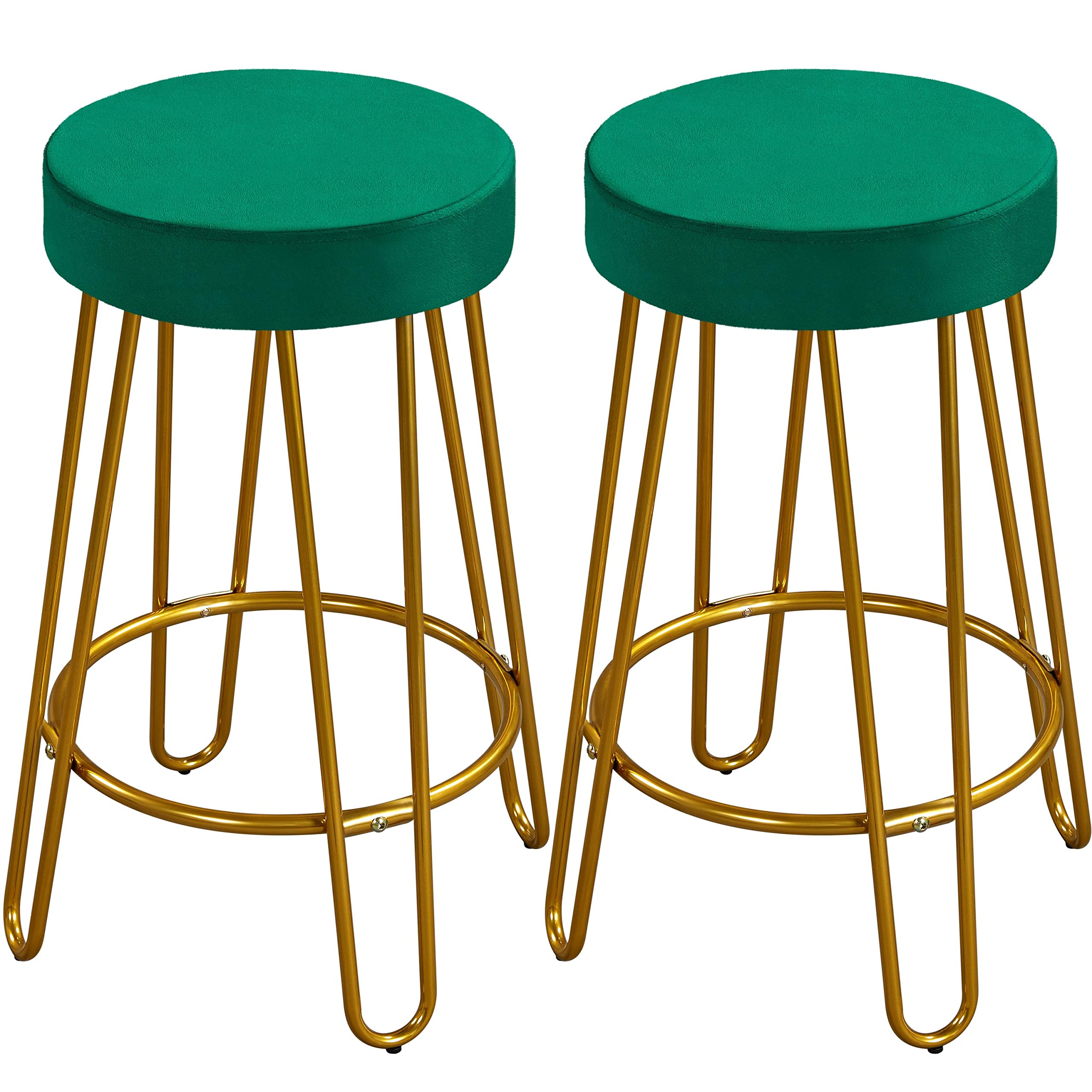 Yaheetech Round Kitchen Counter Stool Home Bar Height Stools with Golden Hairpin Legs Upholstered Velvet Seat for Kitchen/Dining Room Green, Set of 2 (Package 1)